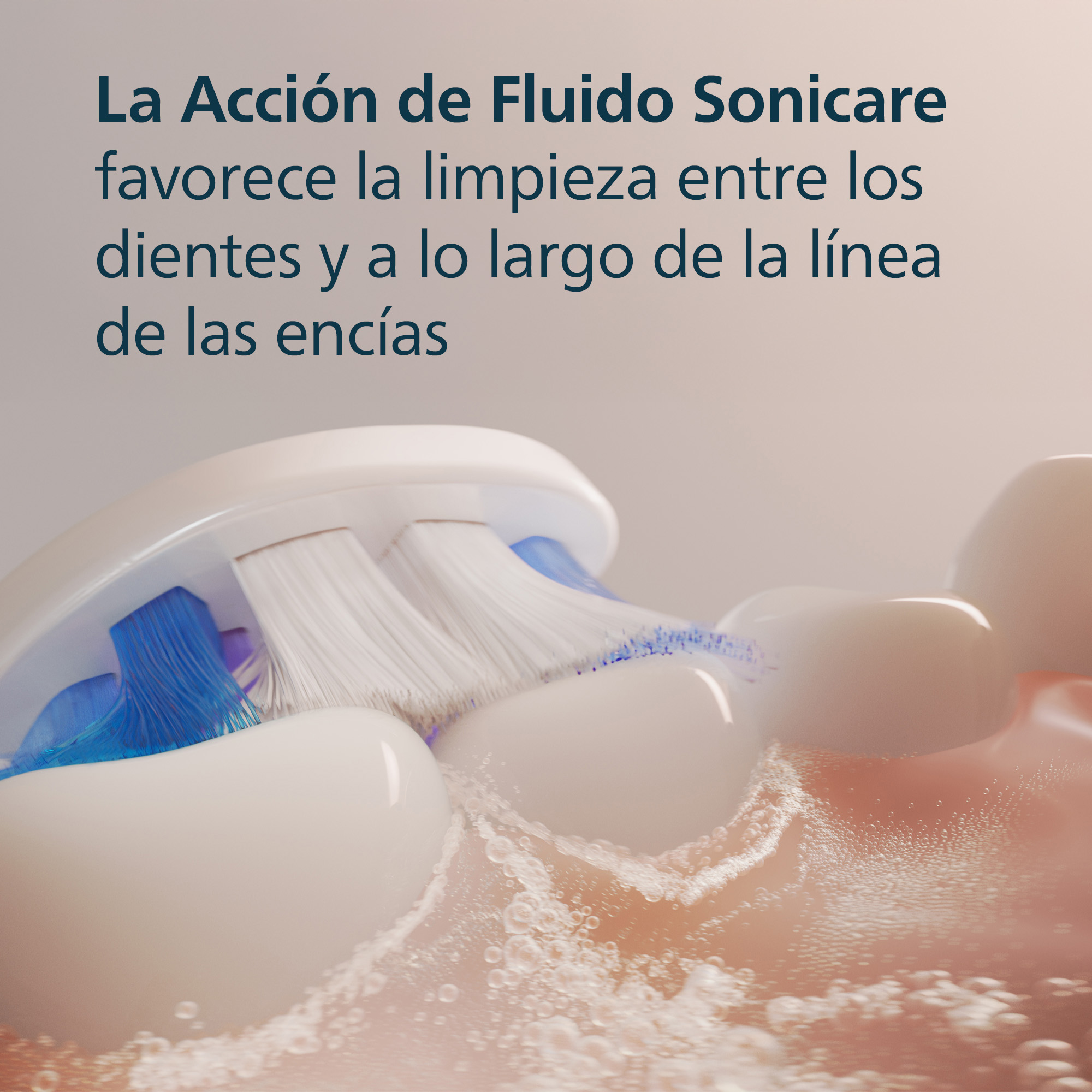 Cepillo de dientes limpia dientes. Flujo de agua. Texto: La acción fluida de Sonicare favorece la limpieza entre los dientes.