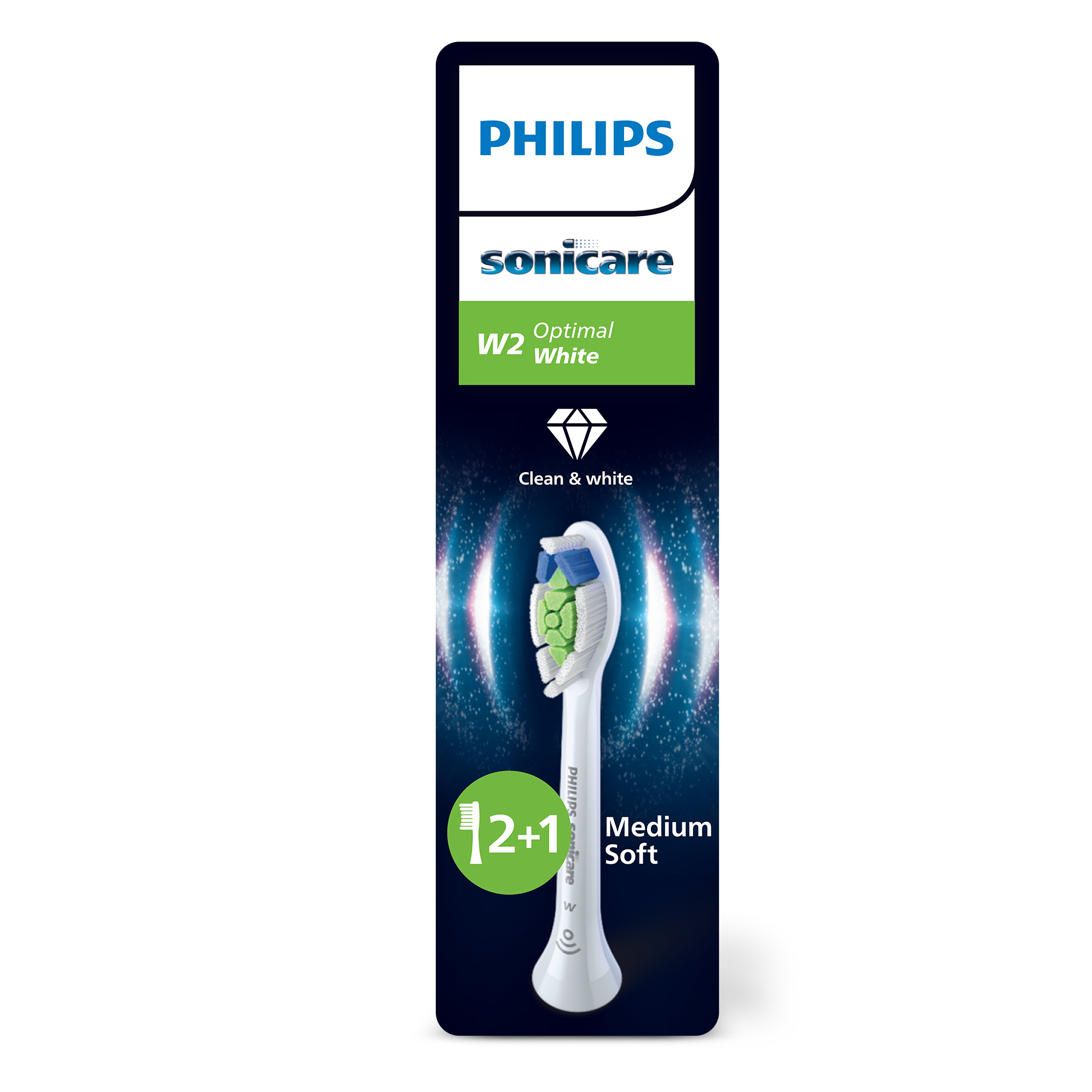 Un paquete de cepillo de dientes. Texto: W2 Blanco óptimo. Cabezal de cepillo de dientes Philips Sonicare. Descripción del producto.