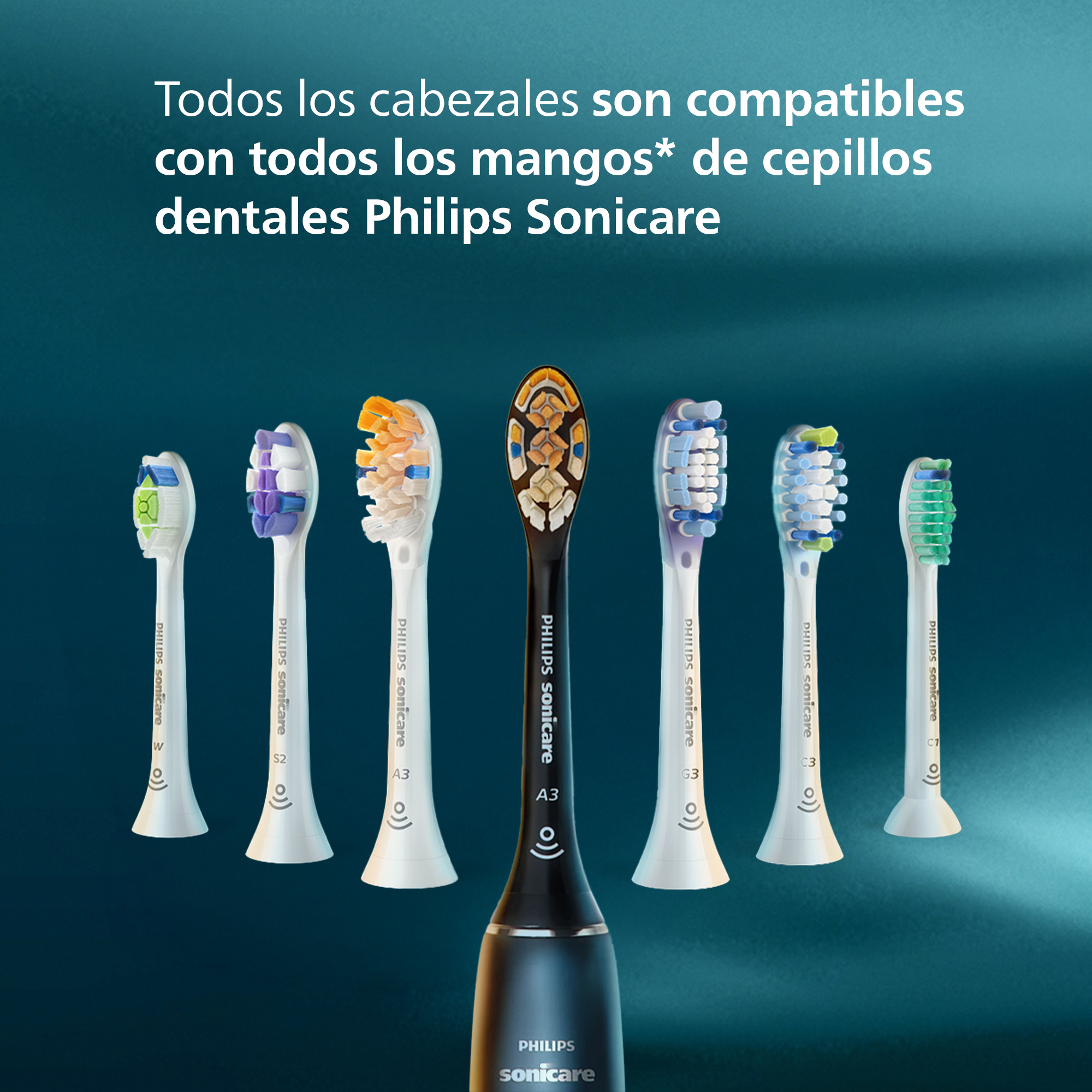 Imagen de varios cabezales de cepillo de dientes Philips Sonicare con diferentes colores, sobre un fondo oscuro.