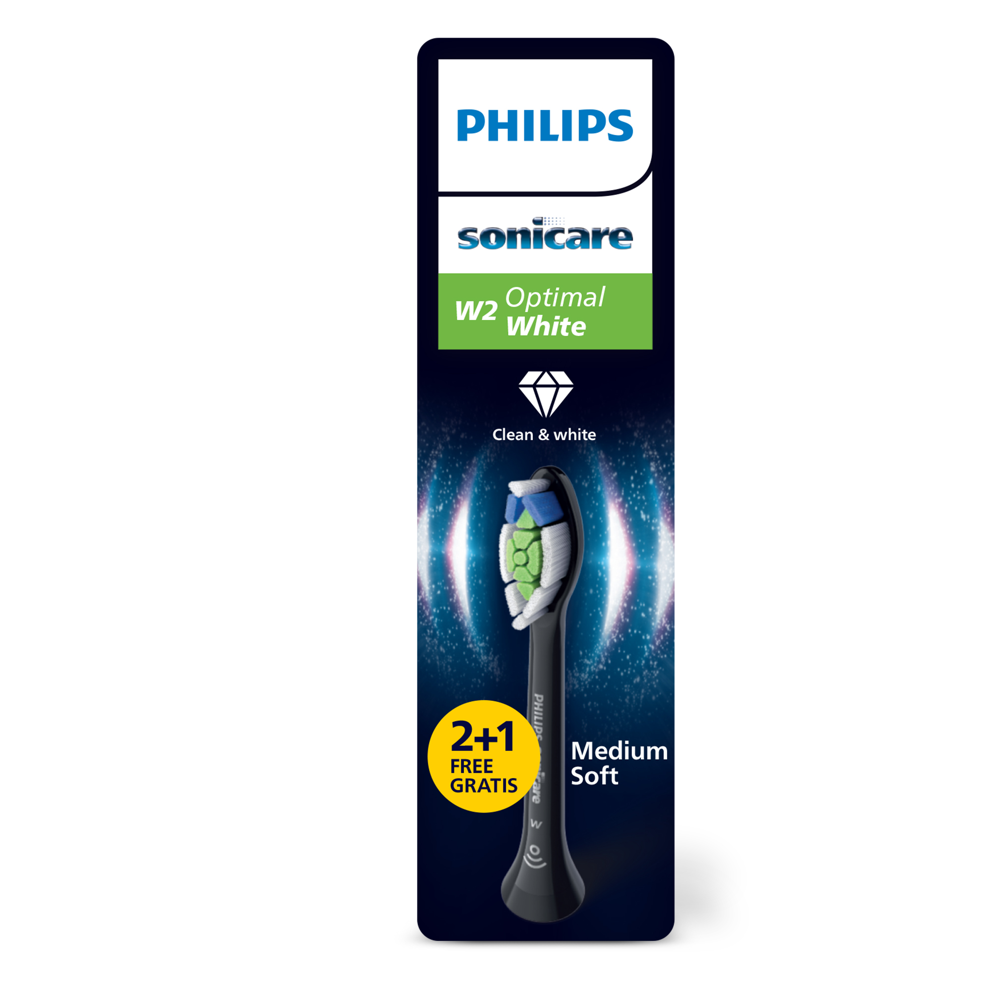 Imagen de un paquete de cabezales de cepillo de dientes Philips Sonicare con la etiqueta W2 Optimal White.