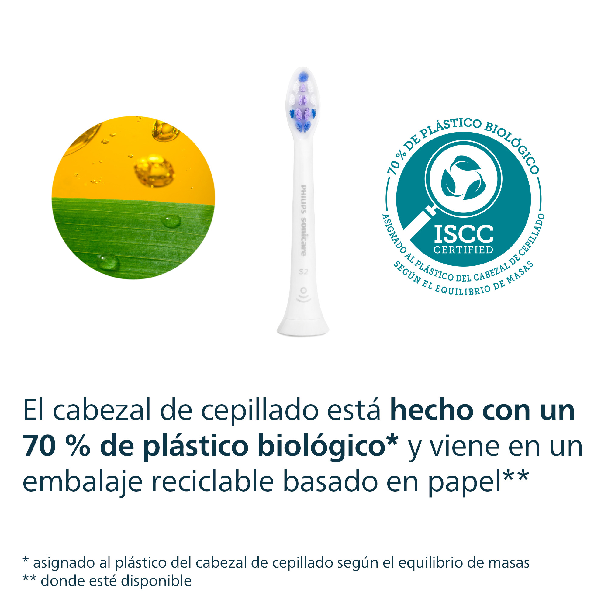 Un cabezal de cepillo de dientes con cerdas azules y un círculo con líquido amarillo y una hoja verde.