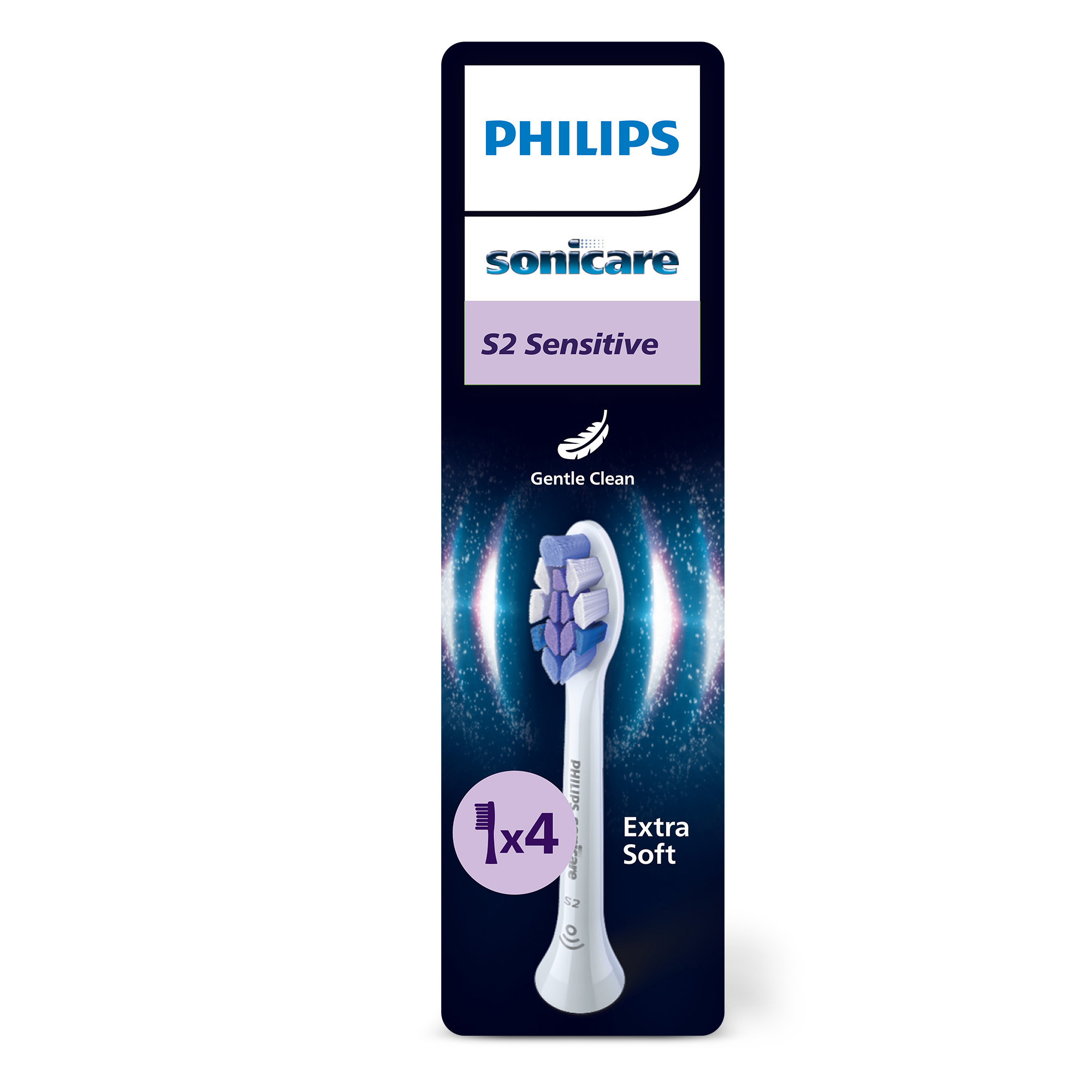 Un paquete de cabezal de cepillo de dientes Philips Sonicare. Paquete negro, cerdas moradas y blancas, extra suave.