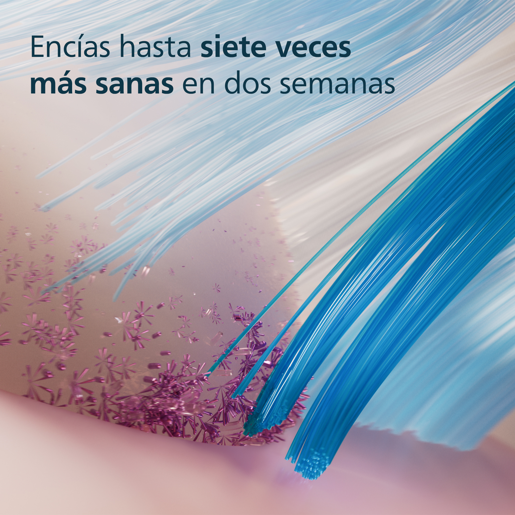 Imagen de cerca de cerdas de cepillo de dientes. Cerdas azules y blancas, brillo rosa, dientes limpios.