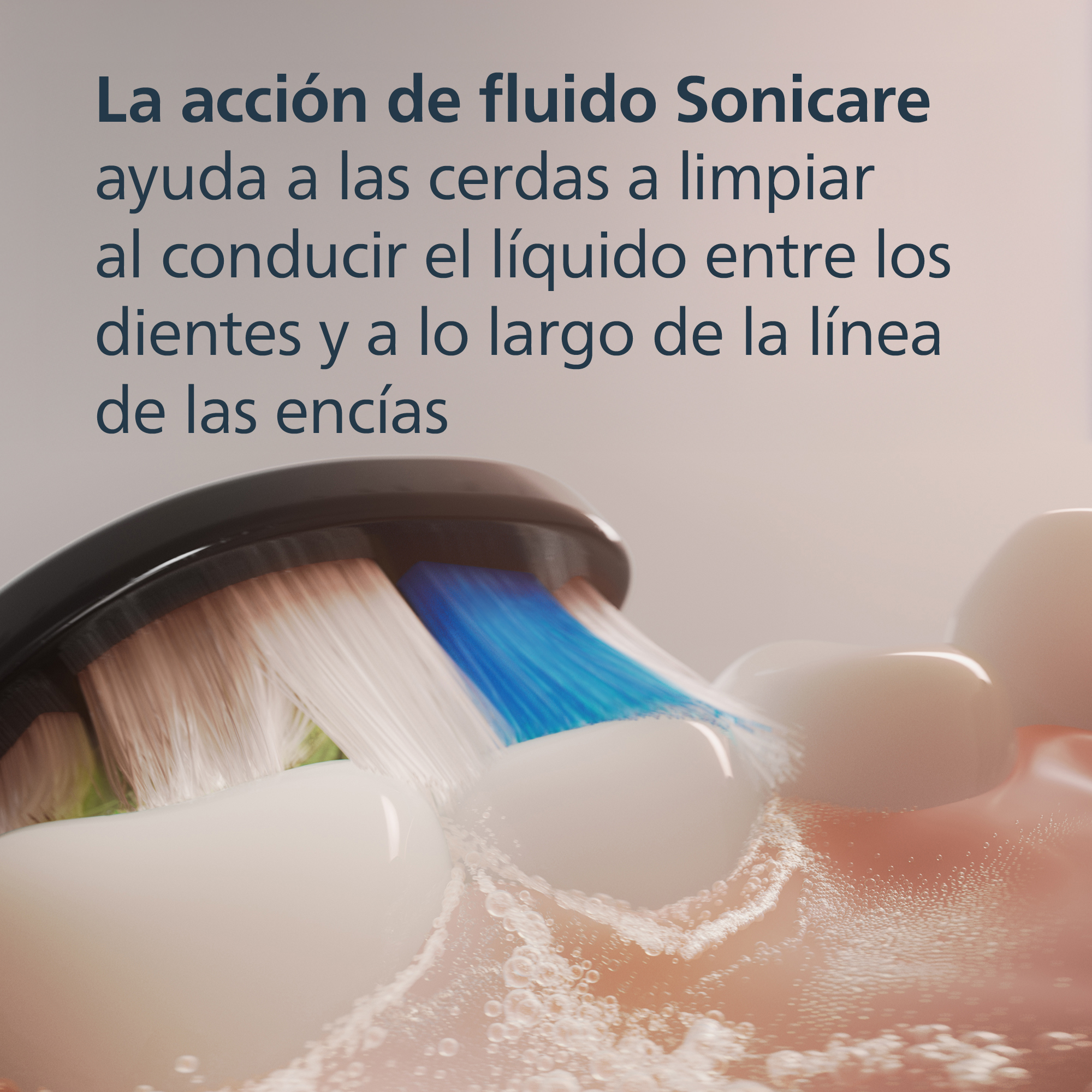 Primer plano de un cepillo de dientes limpiando dientes. Cerdas azules y blancas, pasta de dientes, encías sanas.