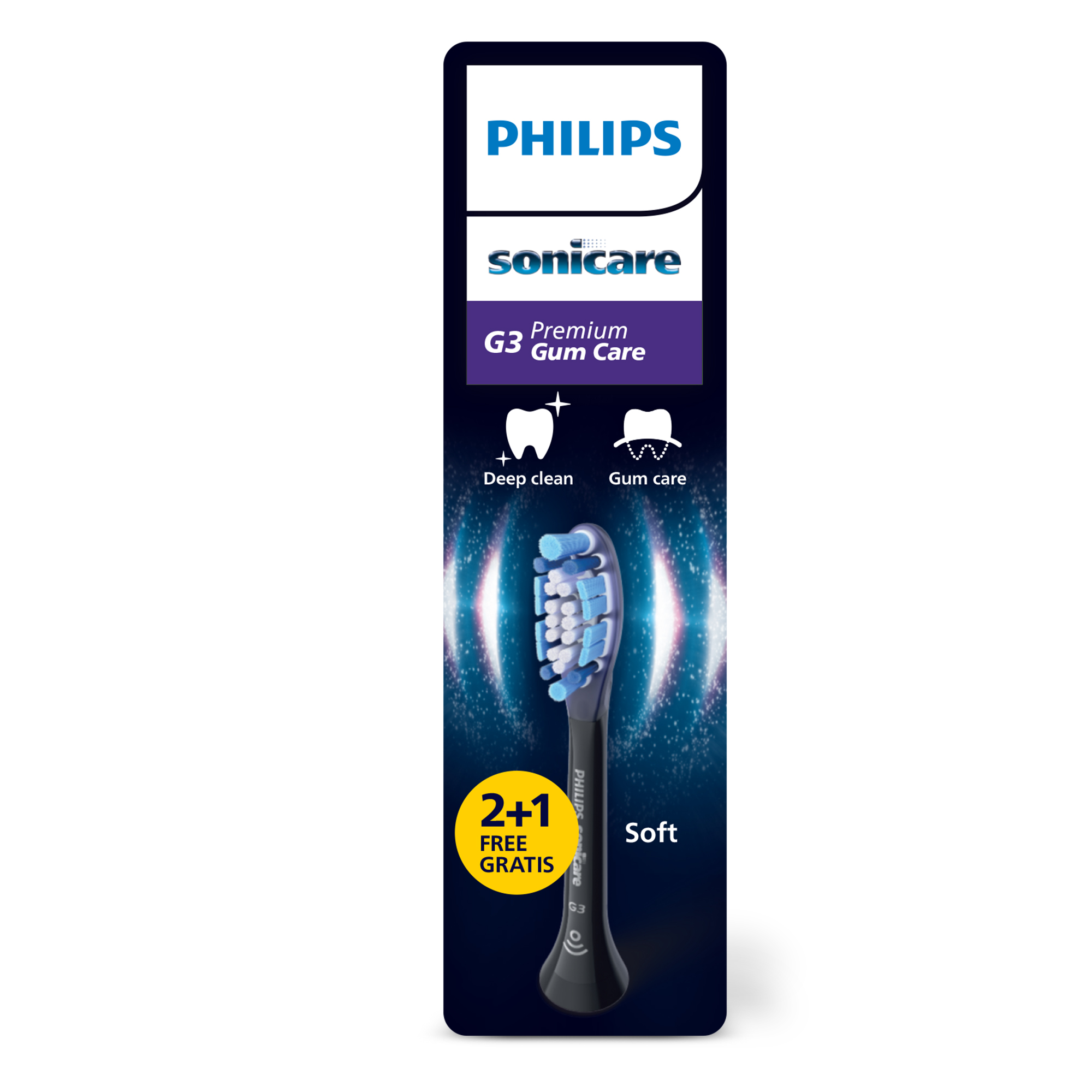 Un paquete de cabezal de cepillo de dientes Philips Sonicare. Paquete negro, cerdas azules y blancas, suave.