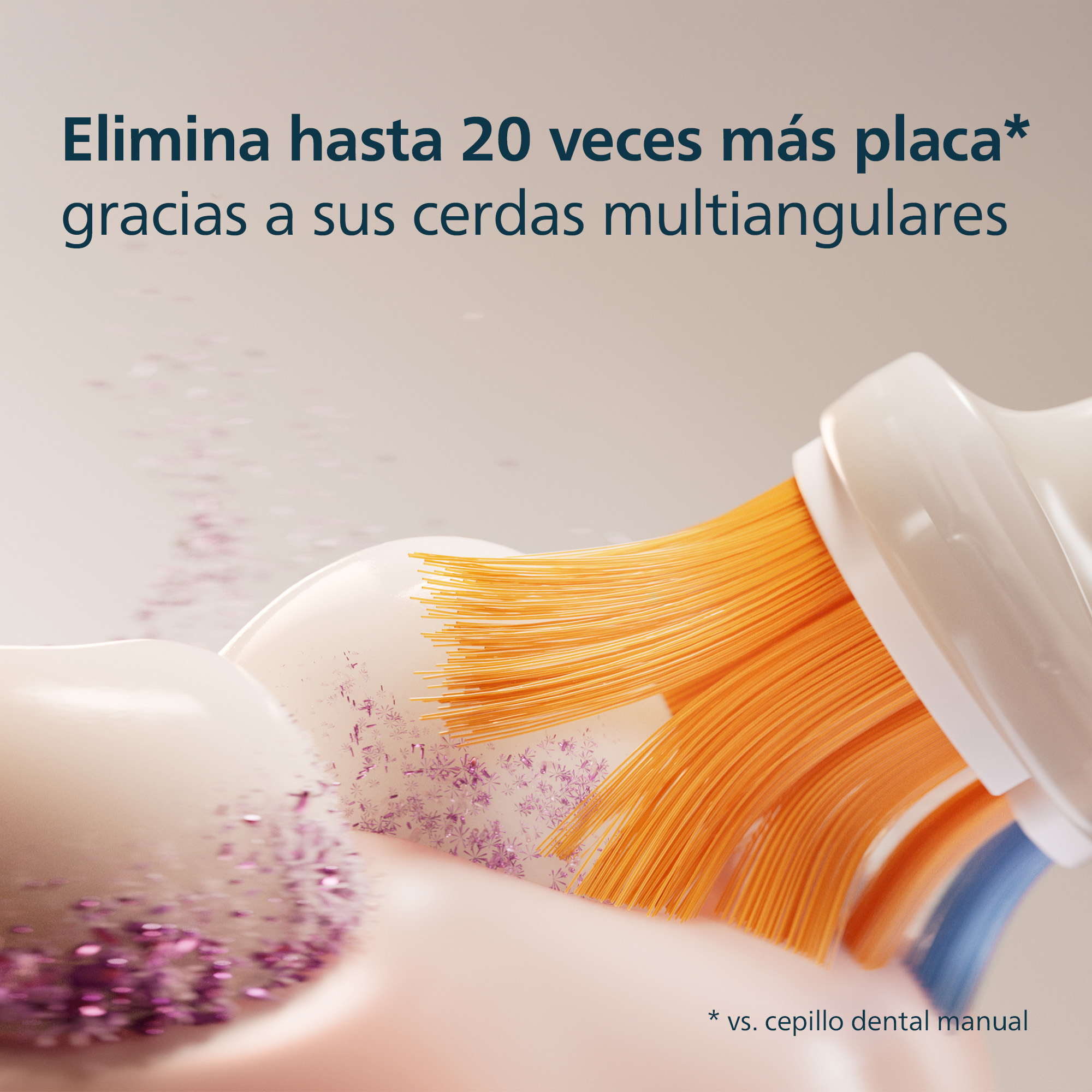 Un cabezal de cepillo de dientes con cerdas naranjas elimina la placa. Texto: 'Elimina hasta 20 veces más placa'.