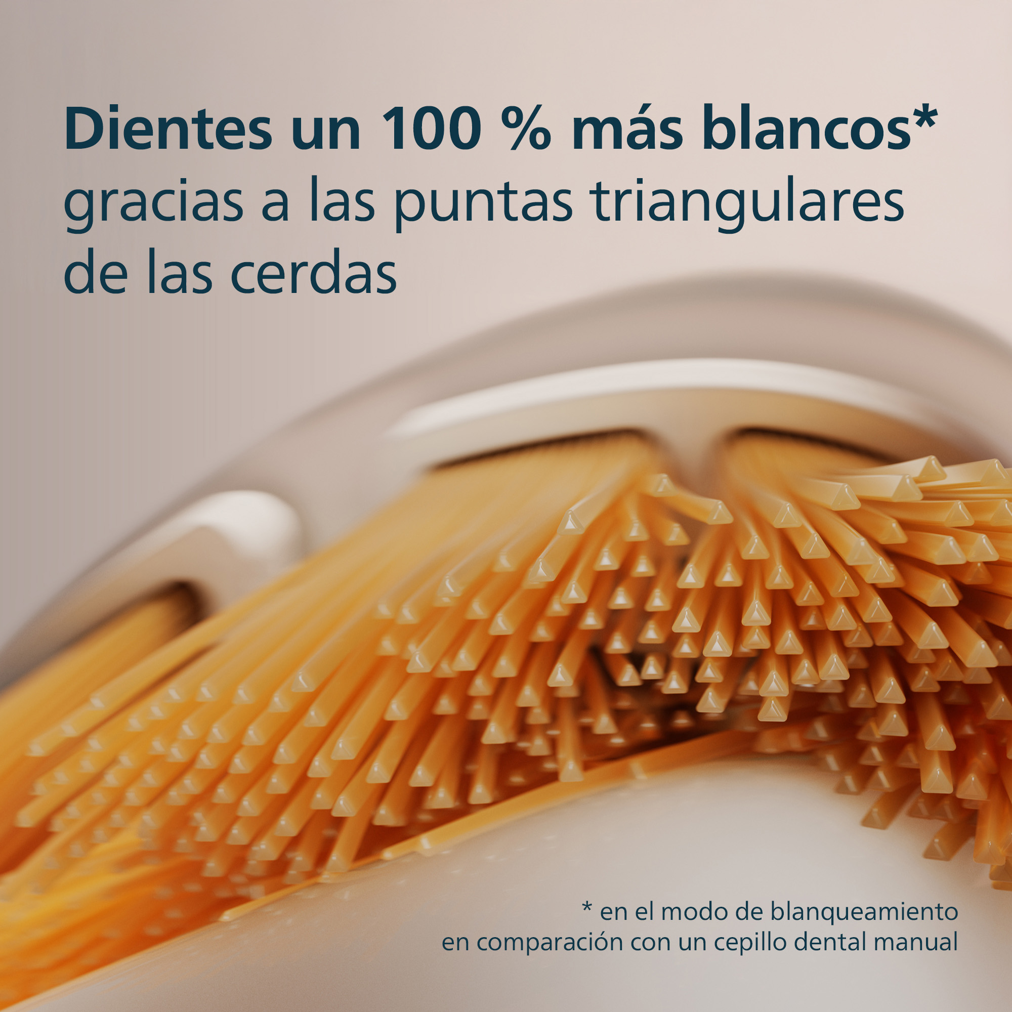 Primer plano de un cabezal de cepillo de dientes. Las cerdas son amarillas. Texto: 'Dientes 100% más blancos'.