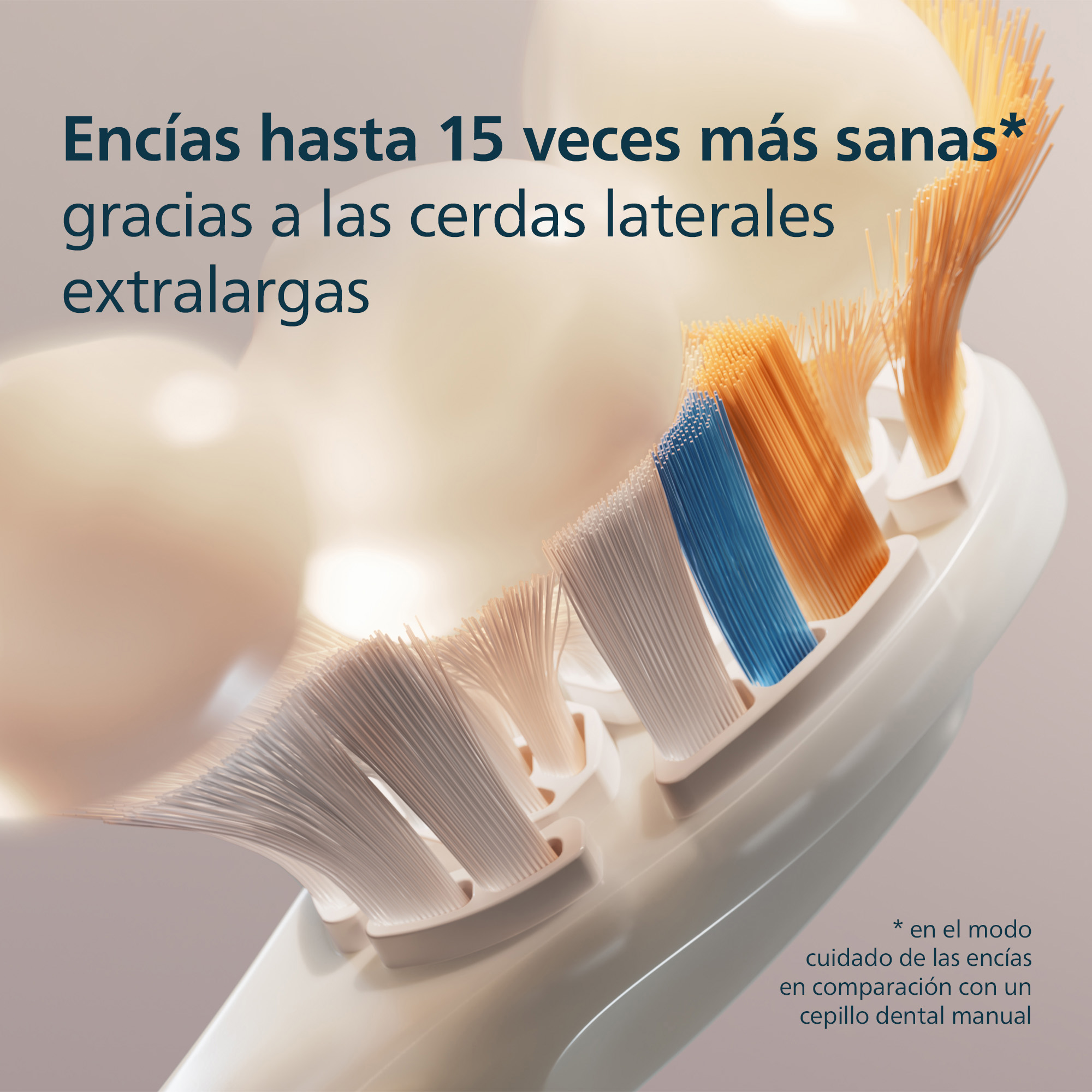 Un cabezal de cepillo de dientes con cerdas largas. Texto: 'Hasta 15 veces encías más sanas'.
