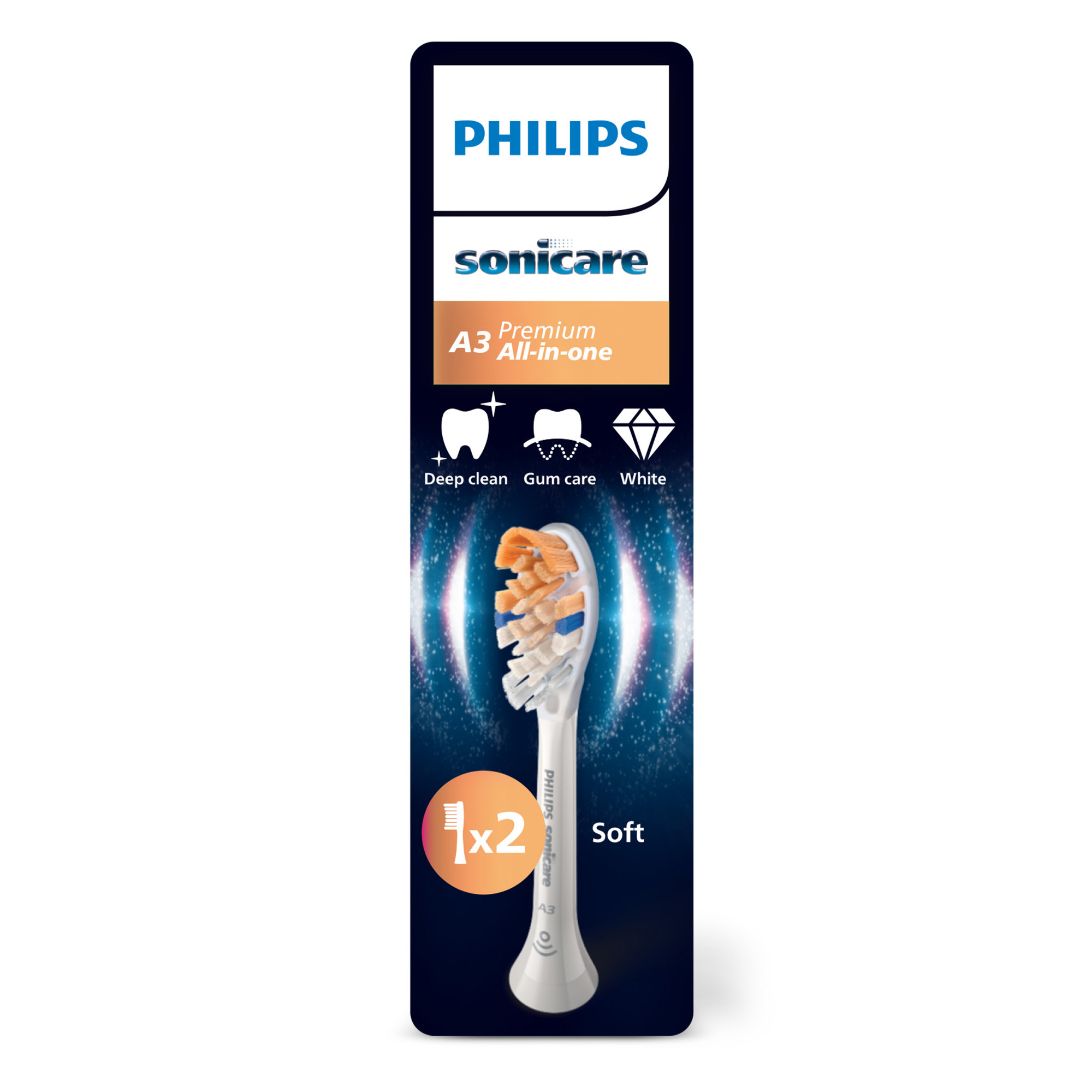Un paquete para un cabezal de cepillo de dientes Philips Sonicare. Muestra el producto y sus características.
