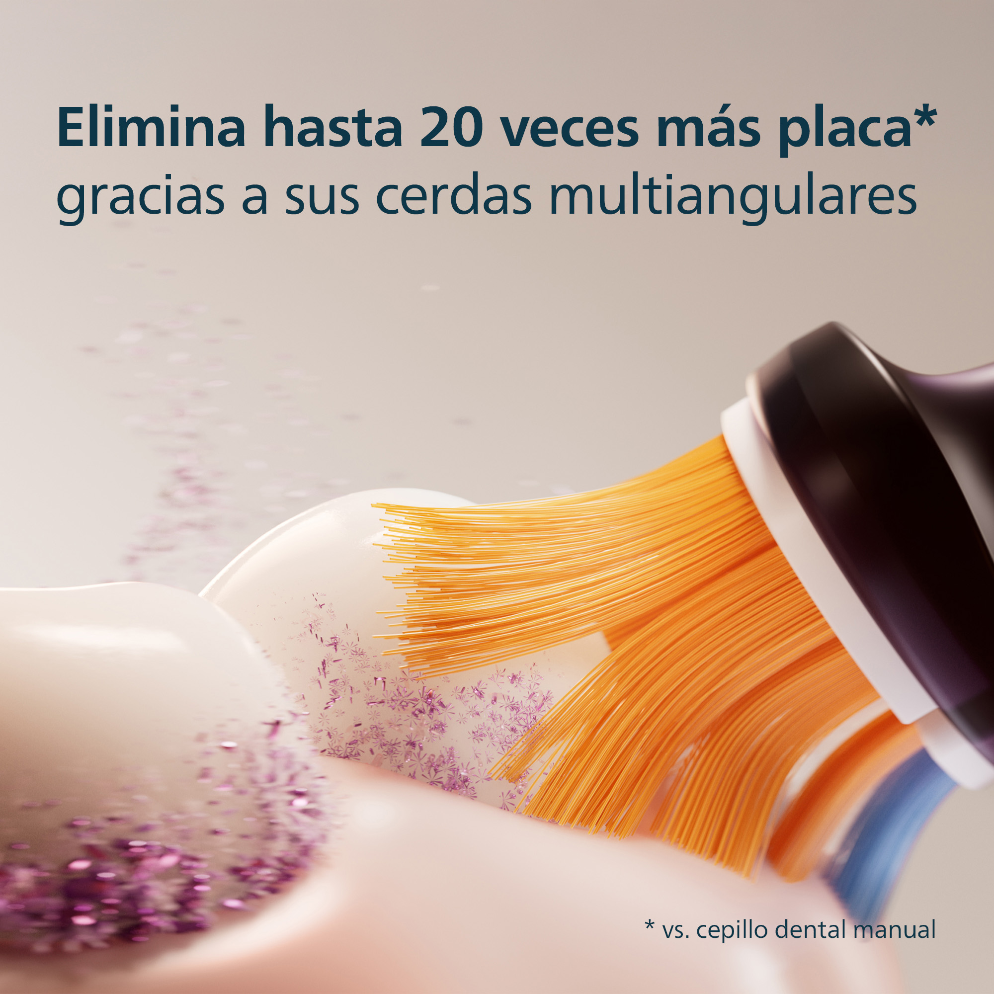 Un cabezal de cepillo de dientes con cerdas naranjas elimina la placa. Texto: 'Elimina hasta 20 veces más placa'.