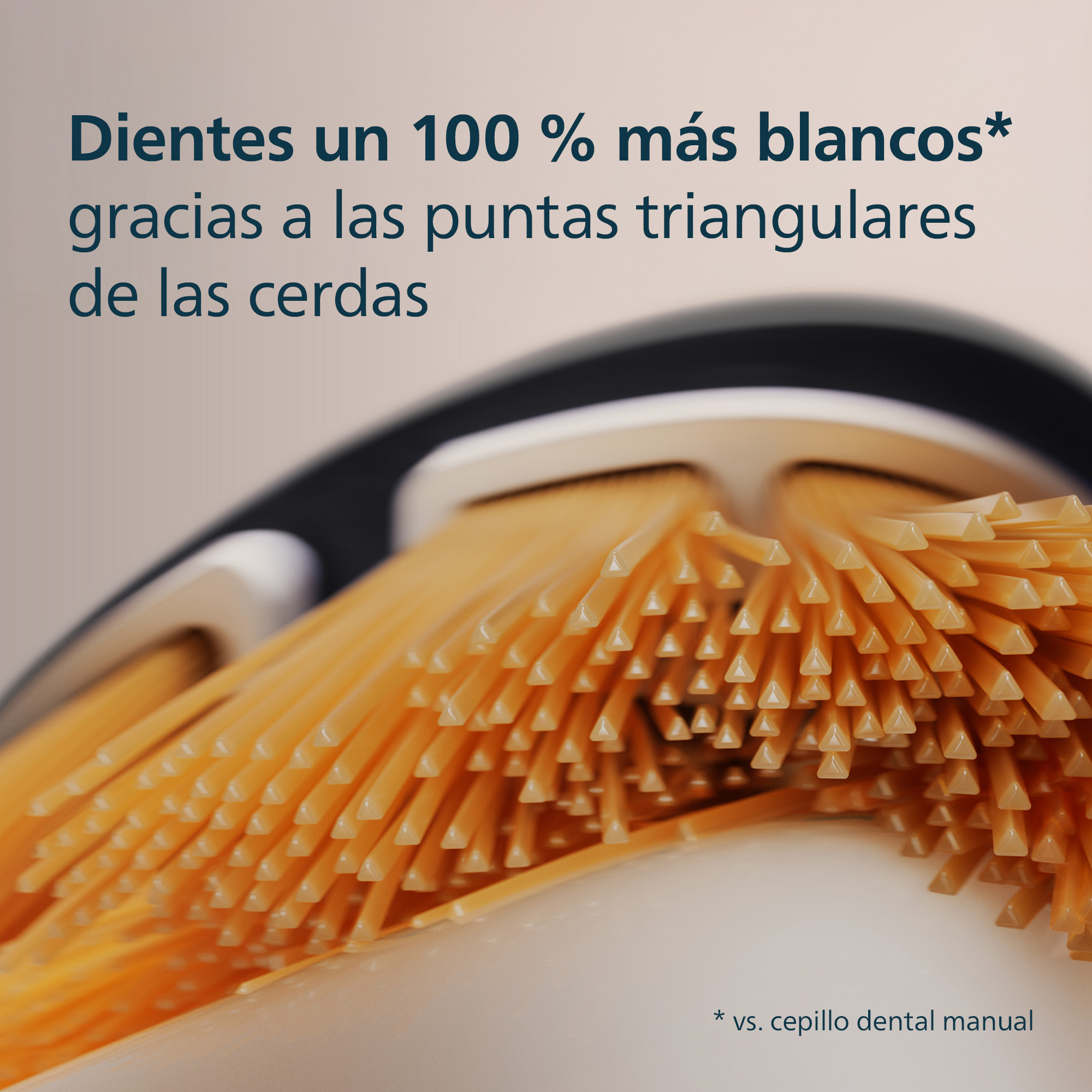 Primer plano de un cabezal de cepillo de dientes con cerdas amarillas. Texto: '100% más blanco'.