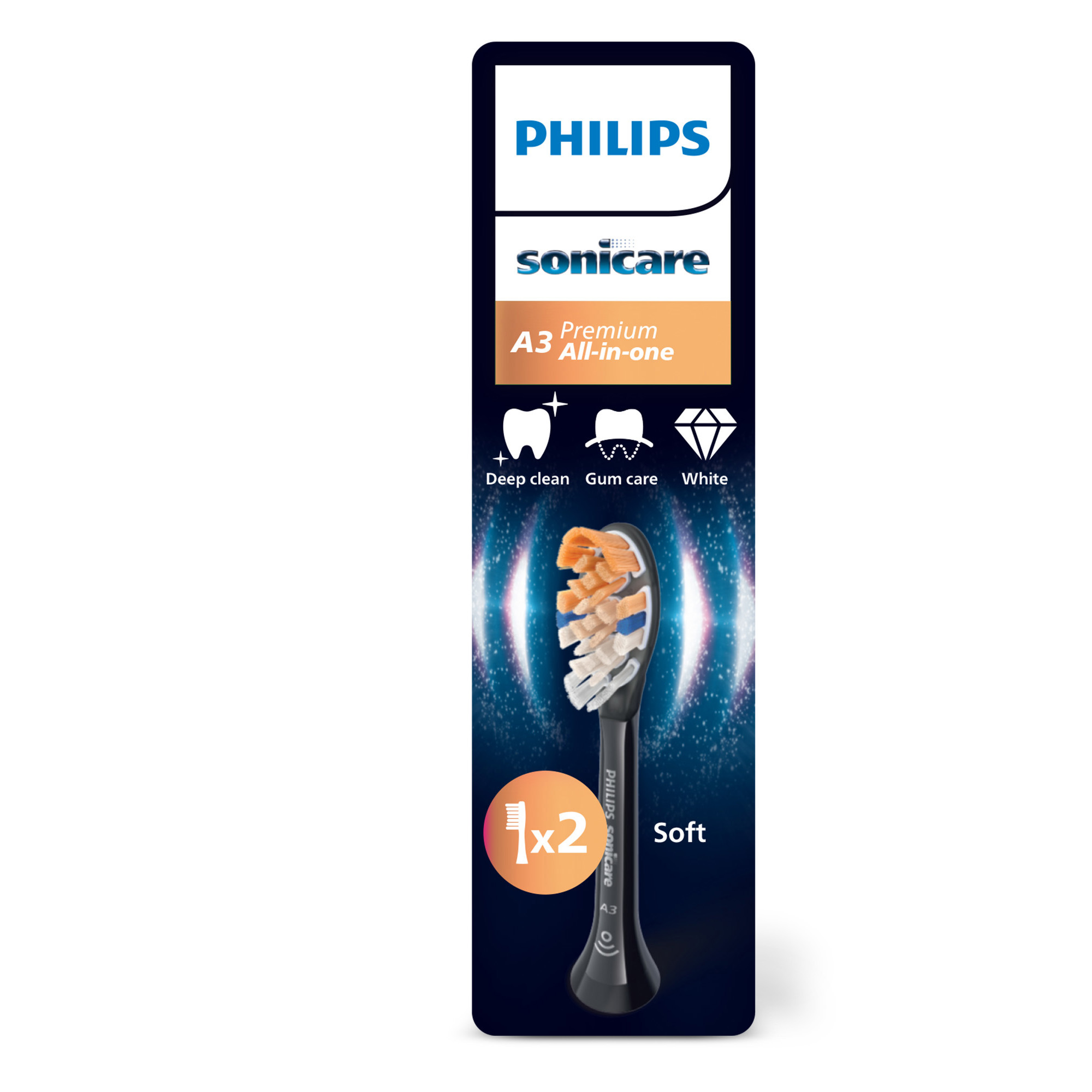 Paquete de cabezal de cepillo de dientes Philips Sonicare A3 All-in-one. Muestra el cabezal y las funciones.