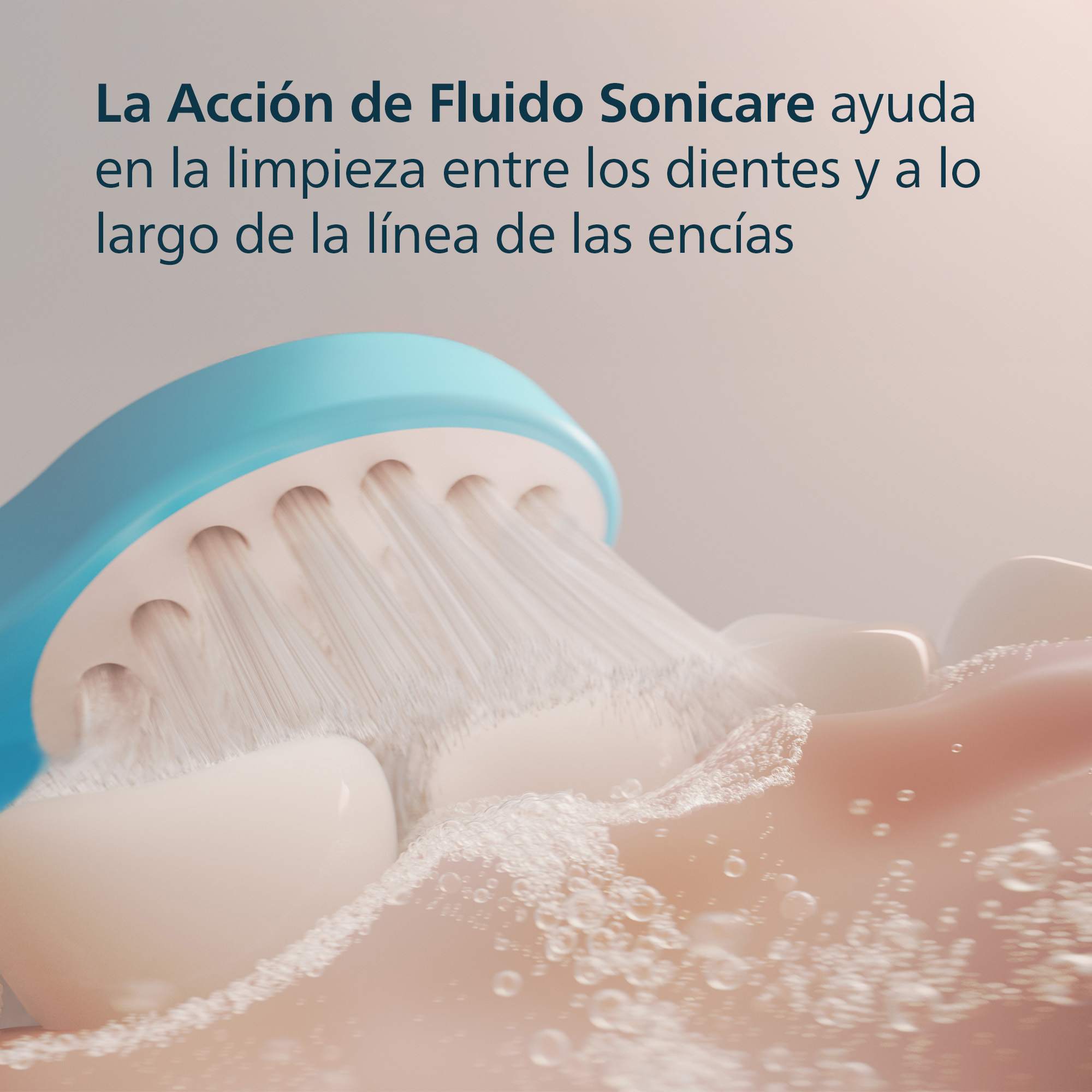 Un cepillo de dientes azul limpiando dientes. Se ven agua y burbujas, con vista de cerca.