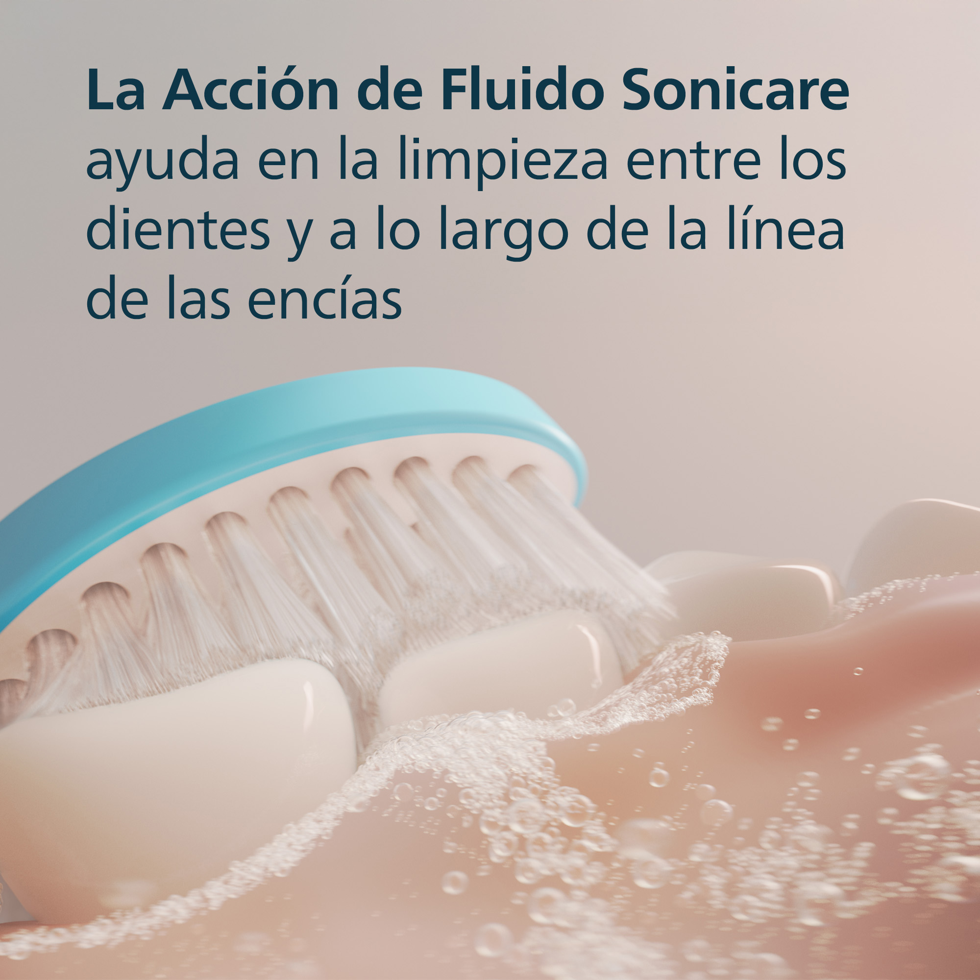 Un cepillo de dientes limpia los dientes, mostrando las cerdas y el agua alrededor de los dientes.