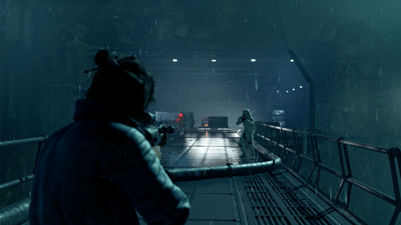 Osoba z bronią celuje w szturmowca, deszczowe tło tunelu.