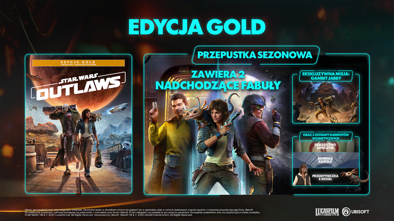 Okładka gry Star Wars Outlaws Gold Edition z postaciami, szczegółami przepustki sezonowej i dodatkowymi informacjami.