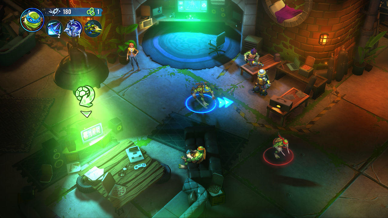 Teenage Mutant Ninja Turtles Spielszene. Turtles, April O'Neil und Feinde in detaillierter Umgebung.