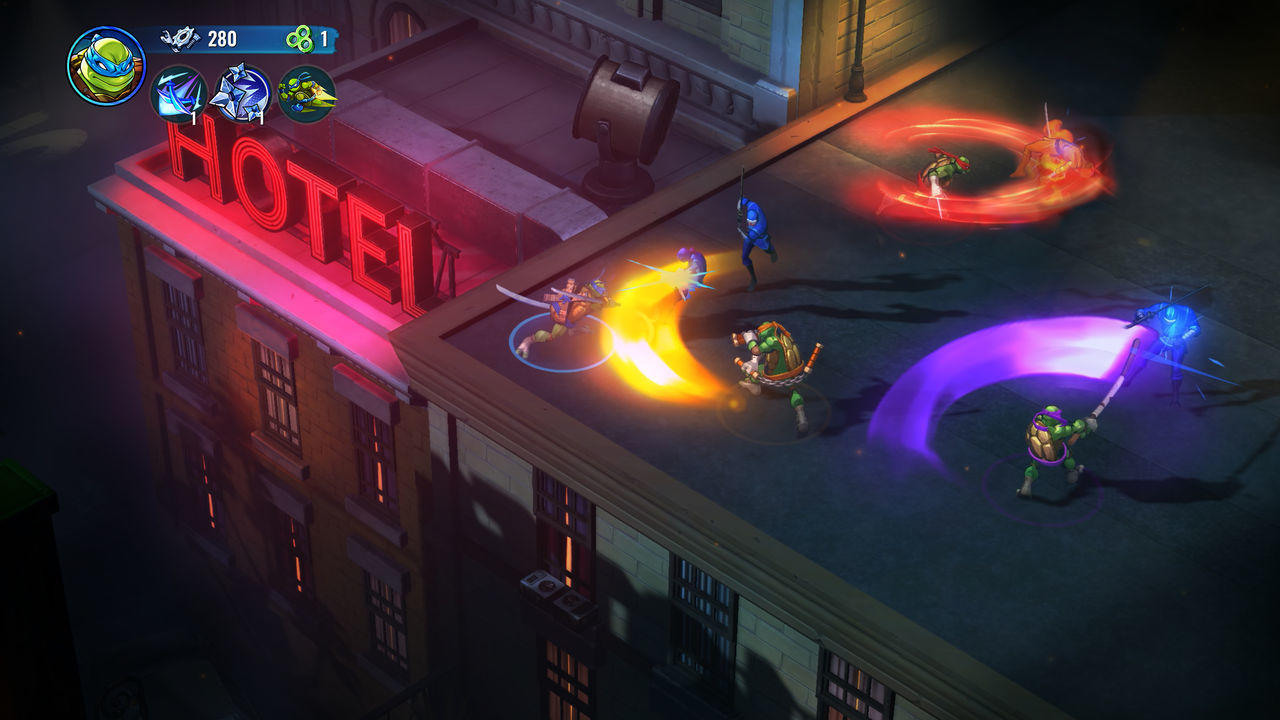 Teenage Mutant Ninja Turtles kämpfen auf einem Dach. Neon-Schilder und Gebäude sind im Hintergrund.