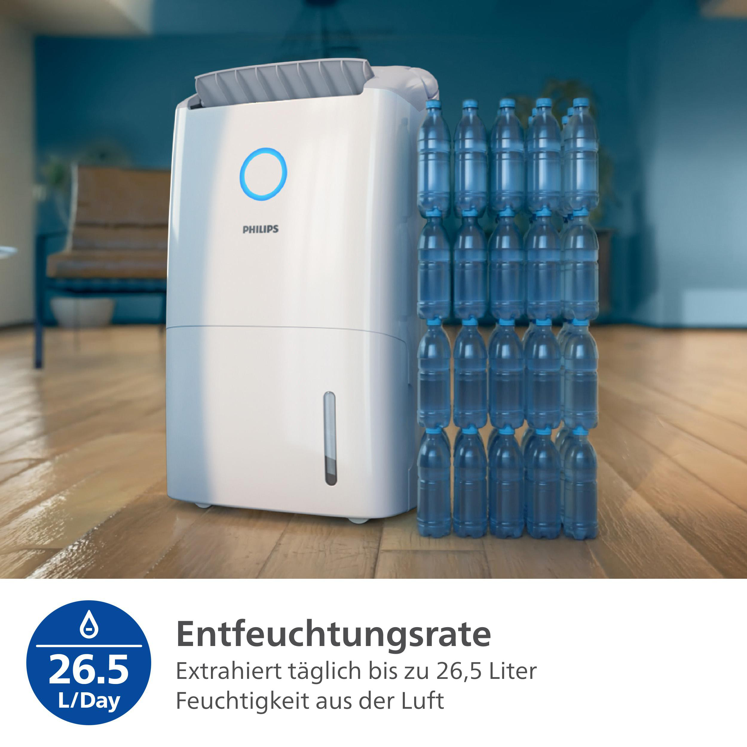 Luftentfeuchter mit einem Stapel Wasserflaschen und Text über seine Leistung.
