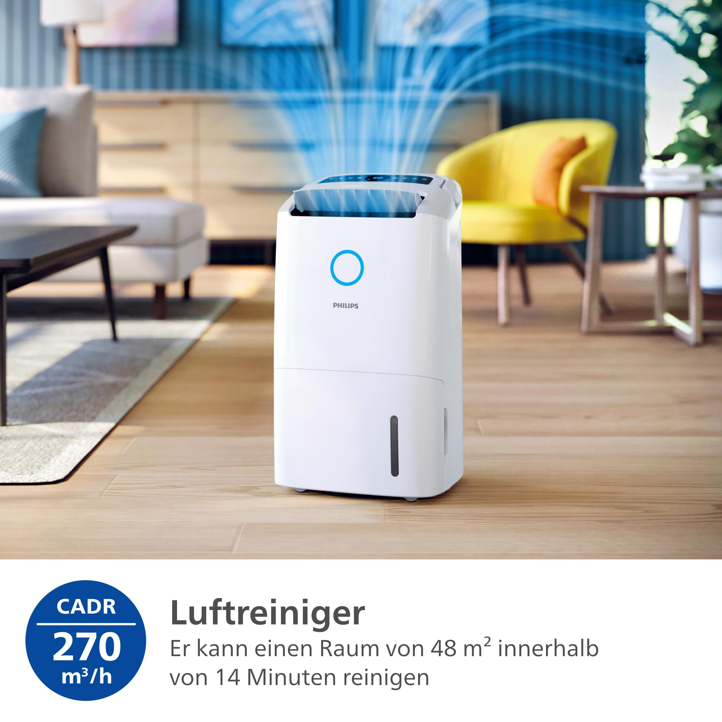 Luftentfeuchter in einem Raum, mit Text über die Luftreinigung.