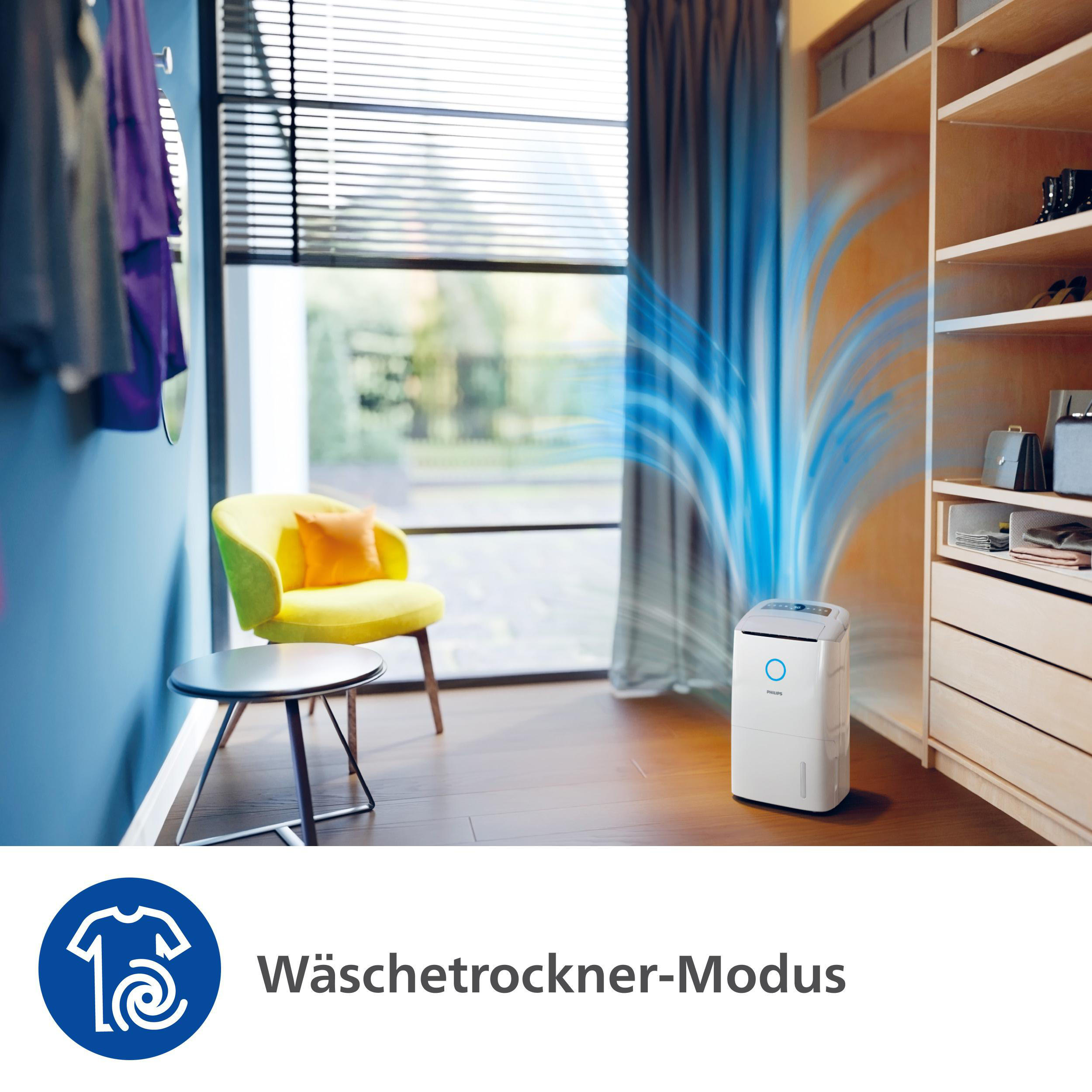Ein modernes Zimmer mit Luftreiniger und einem Symbol für den Waschmaschinemodus.