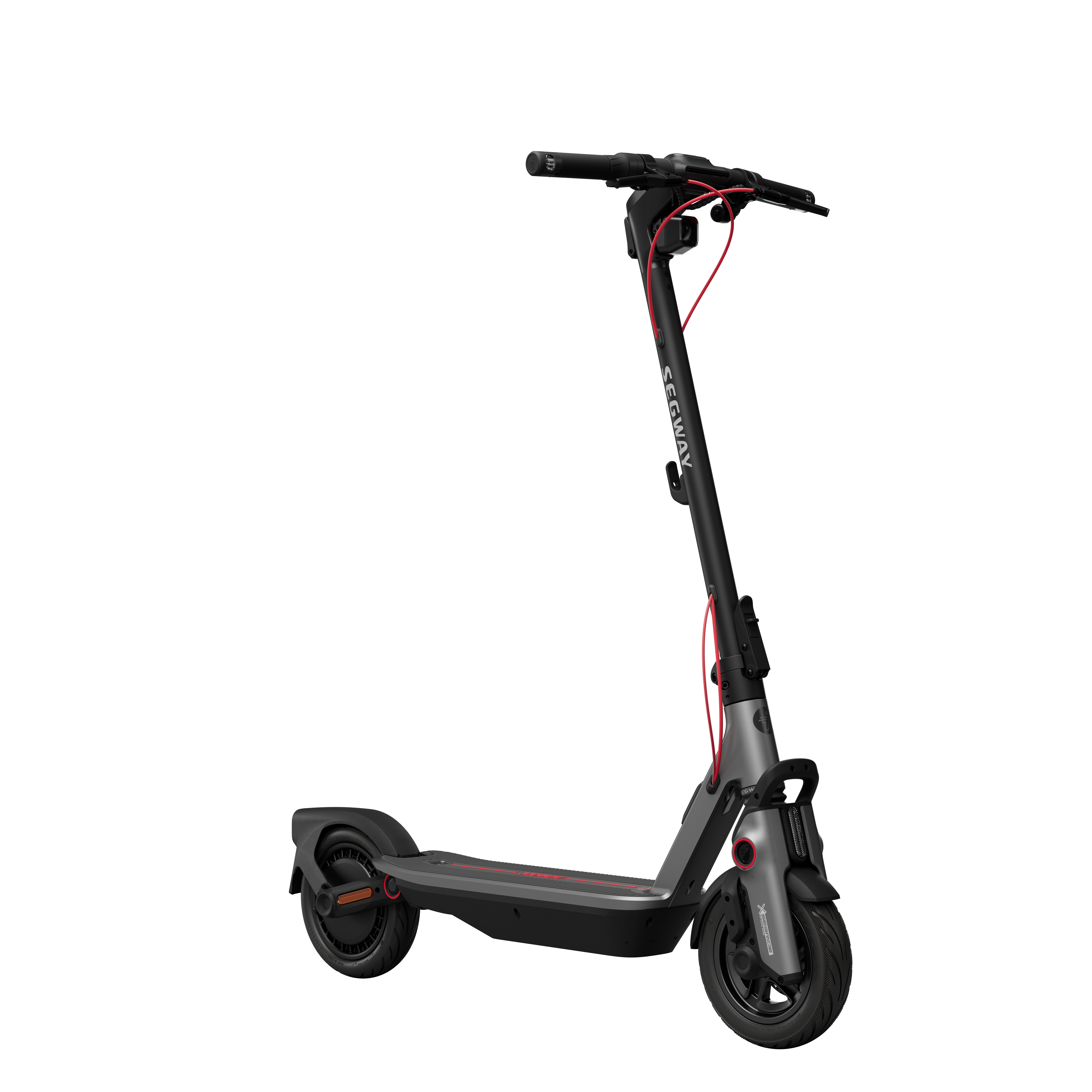 Siyah bir arka plan üzerinde kırmızı bir kablo ile siyah ve gri bir Segway elektrikli scooter.
