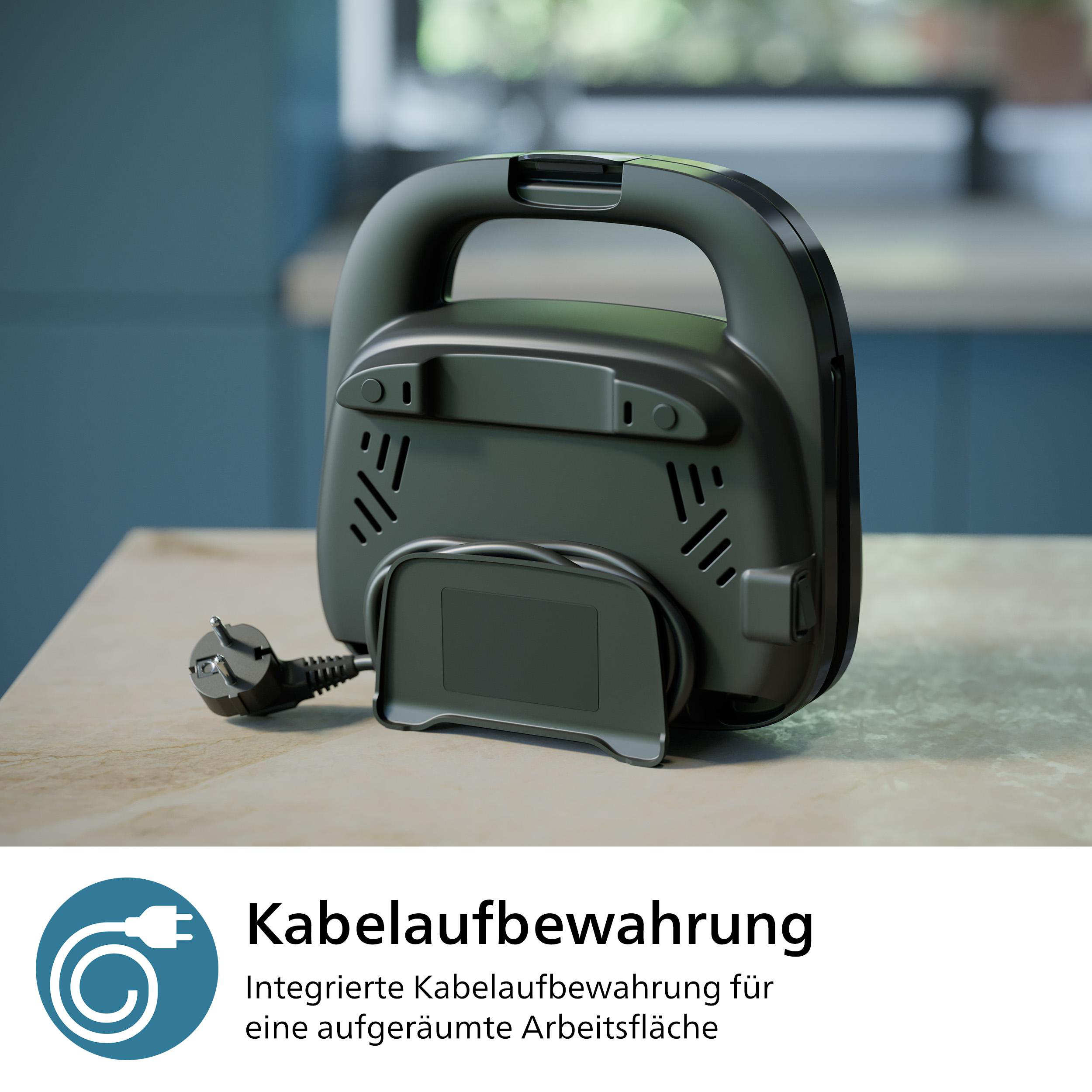 Die Rückseite einer schwarz-grauen Panini-Presse. Das Netzkabel ist sichtbar. Eine Grafik zeigt Kabelaufbewahrung.