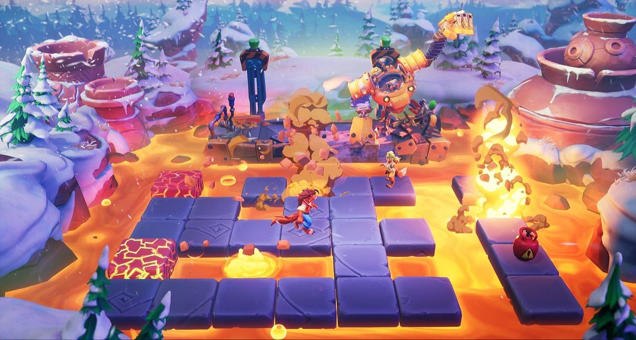 Eine lebendige Spielszene mit einer cartoonartigen Figur, die auf farbigen Blöcken, Lava und Schnee rennt.
