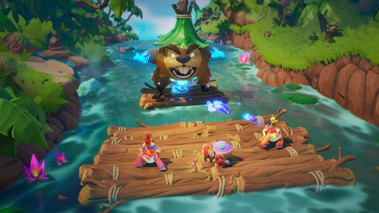 Bunte Spielszene: Drei Cartoon-Charaktere auf einem Holzfloß in einem Fluss, mit einem bärenartigen Boss.