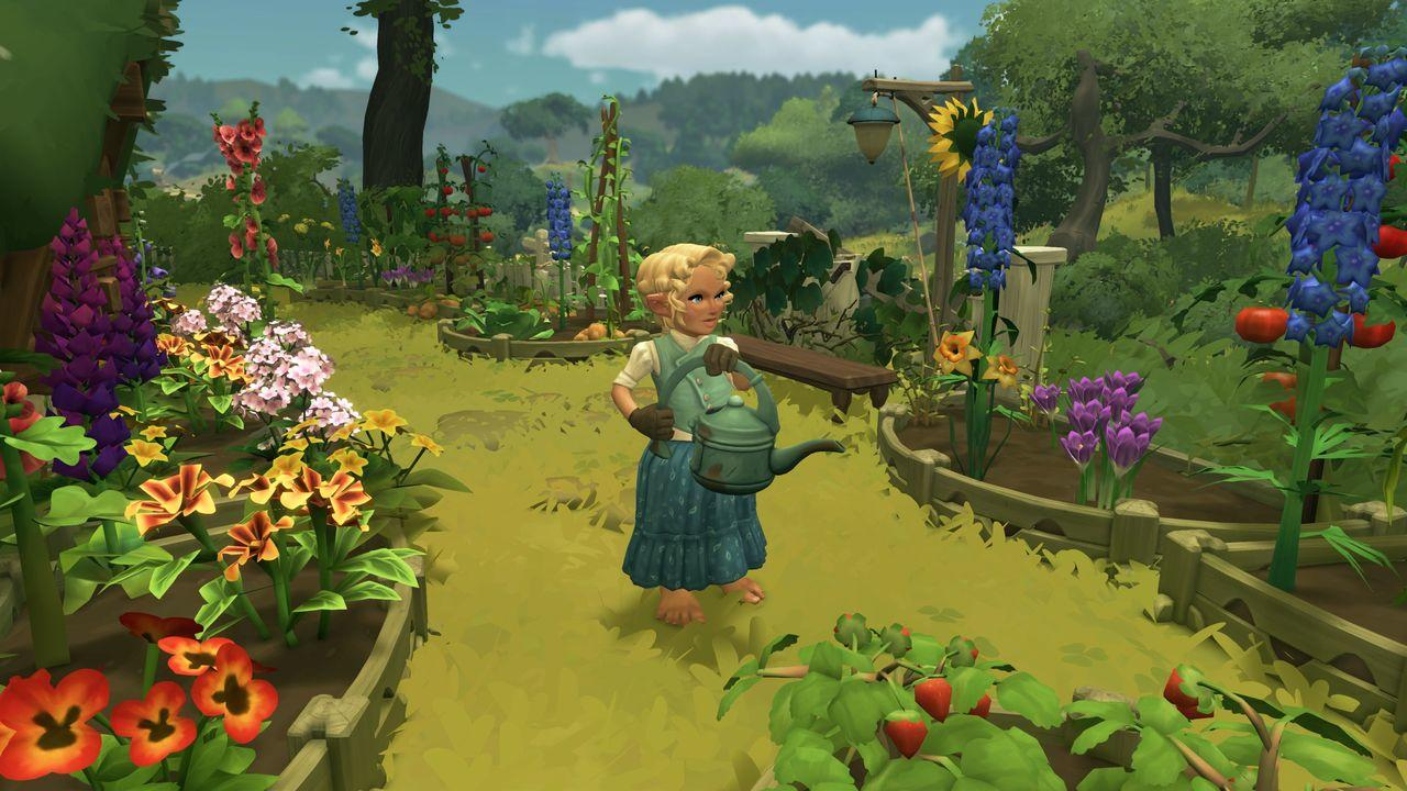 Eine Person gießt einen Garten mit verschiedenen Blumen und Pflanzen.
