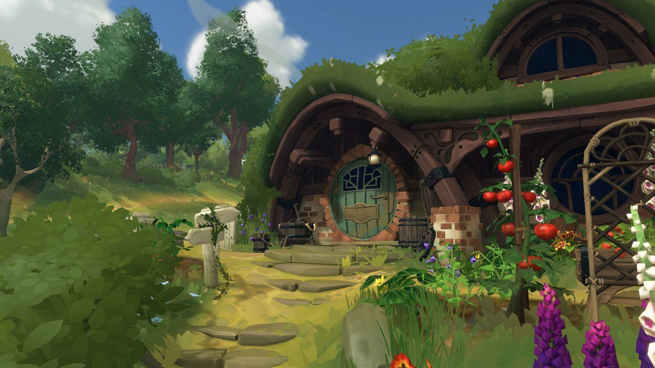Ein Hobbit-Haus mit grüner Tür und Garten mit Blumen und Tomaten.