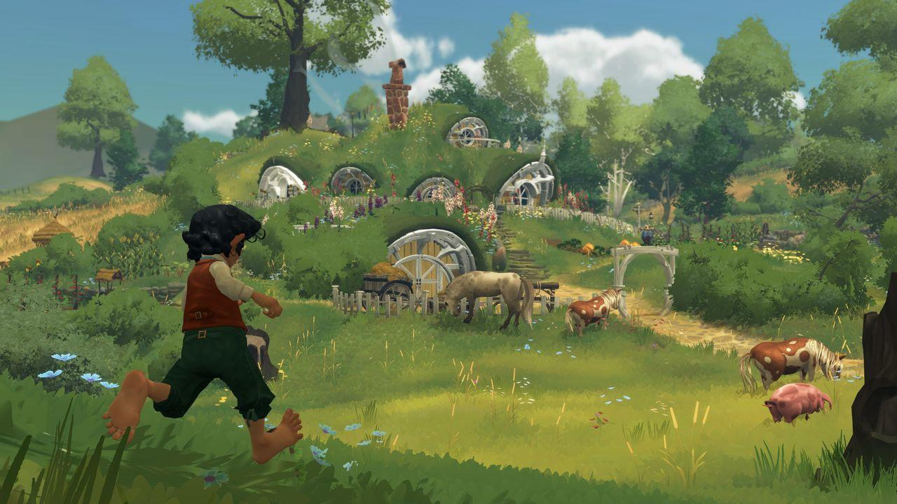 Cartoon-Hobbit rennt in einem grünen Feld mit Hobbit-Löchern.