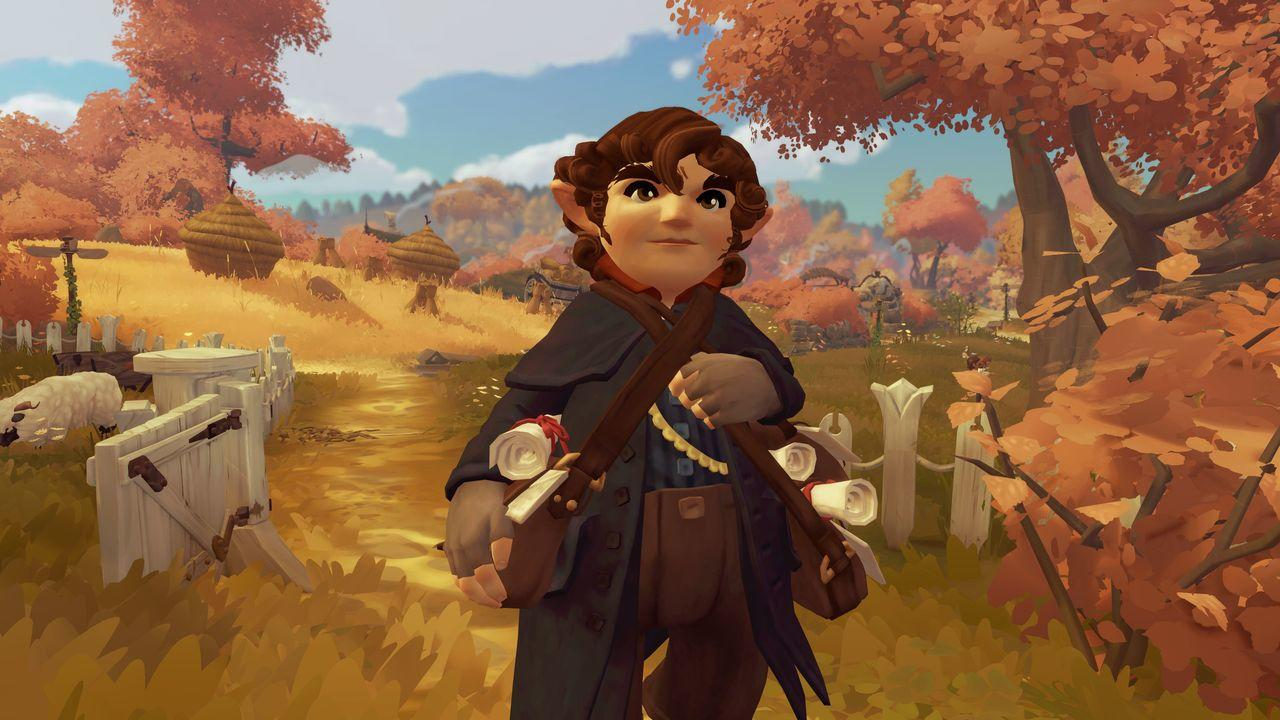 Ein Hobbit-Charakter auf einem sonnigen Feld, der Schriftrollen trägt. Herbstlaub und ein weißer Zaun sichtbar.