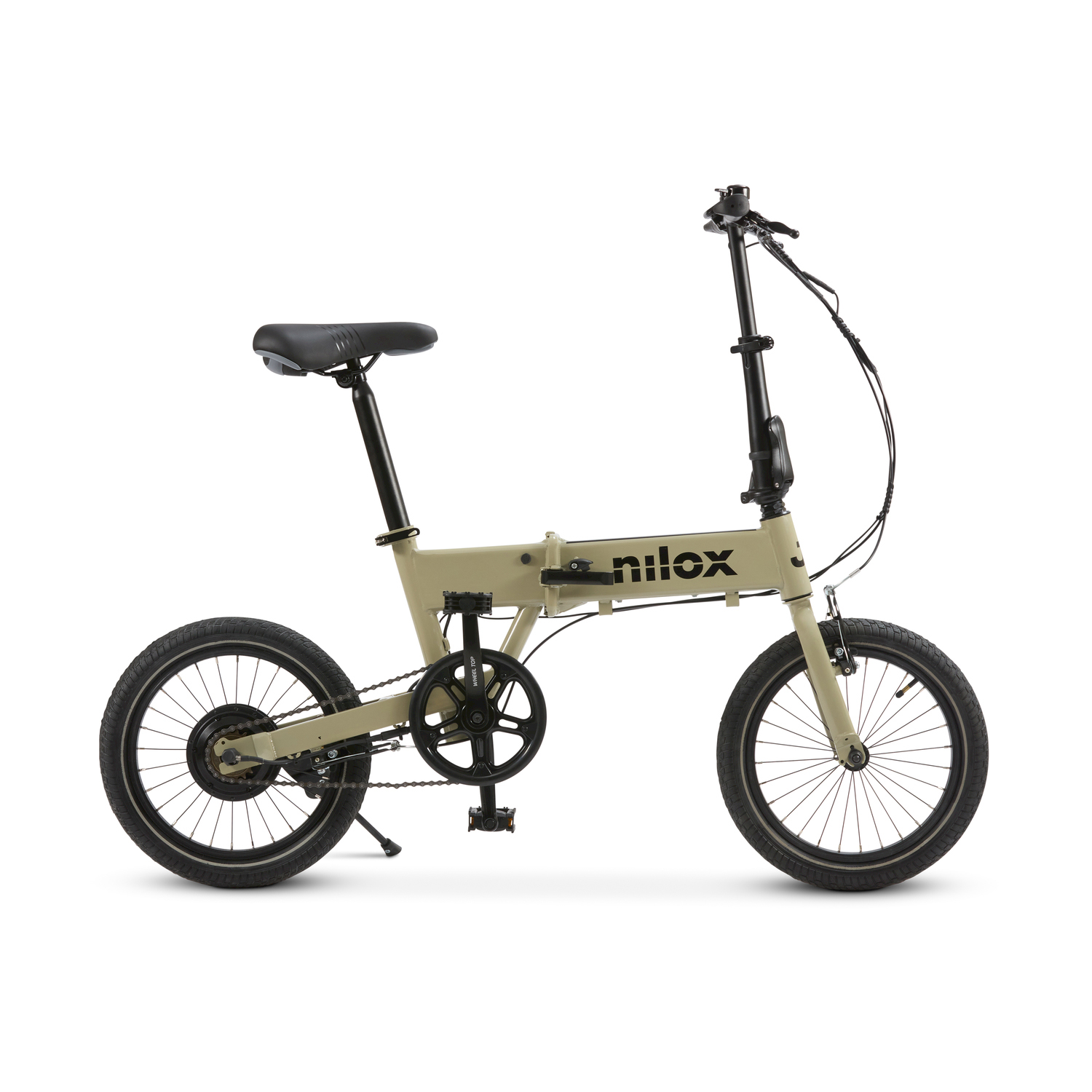 Una e-bike Nilox beige piegata su sfondo bianco, con pneumatici e componenti del telaio neri.