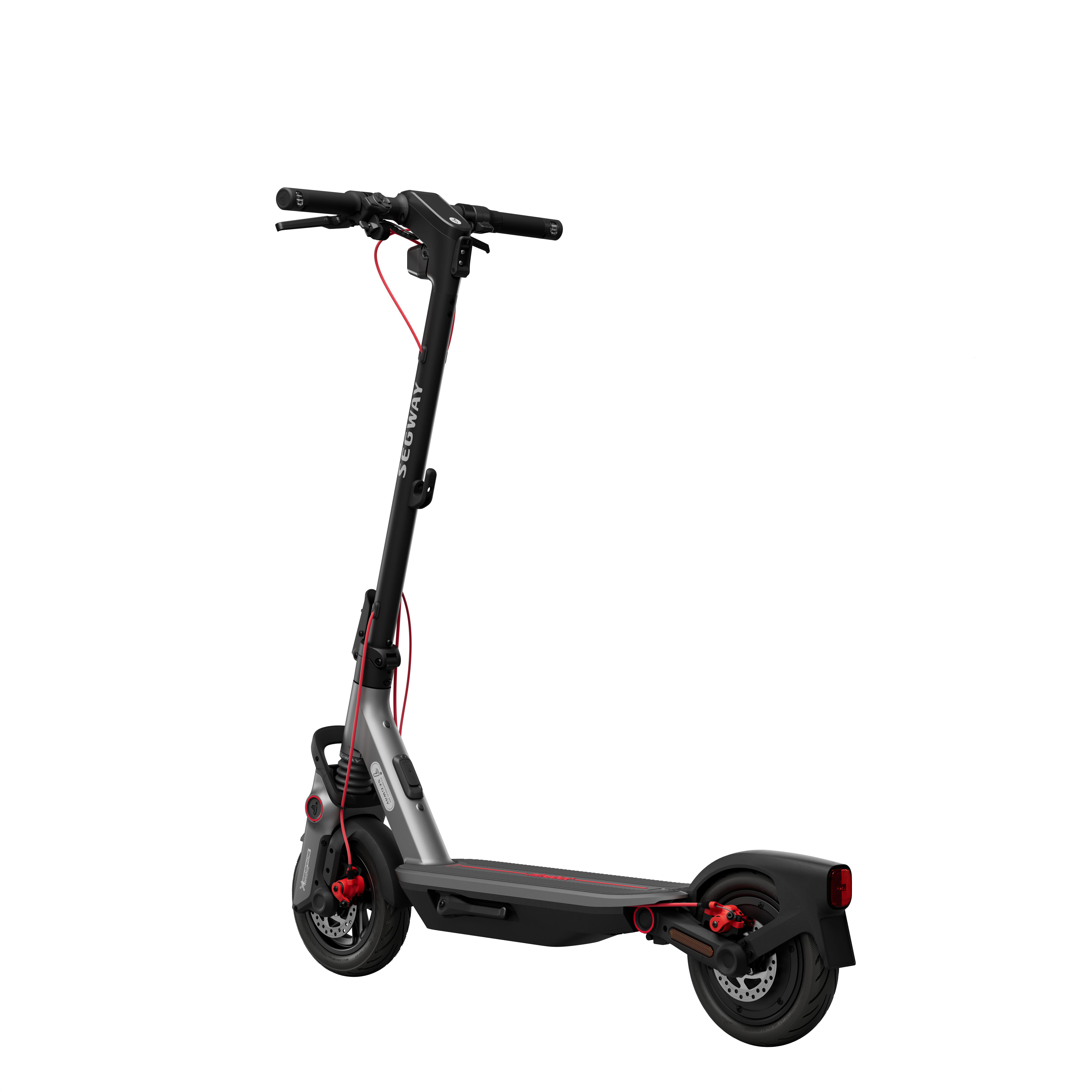 Segway elektrikli scooter, arka görünüm, siyah ve gri, kırmızı detaylı.