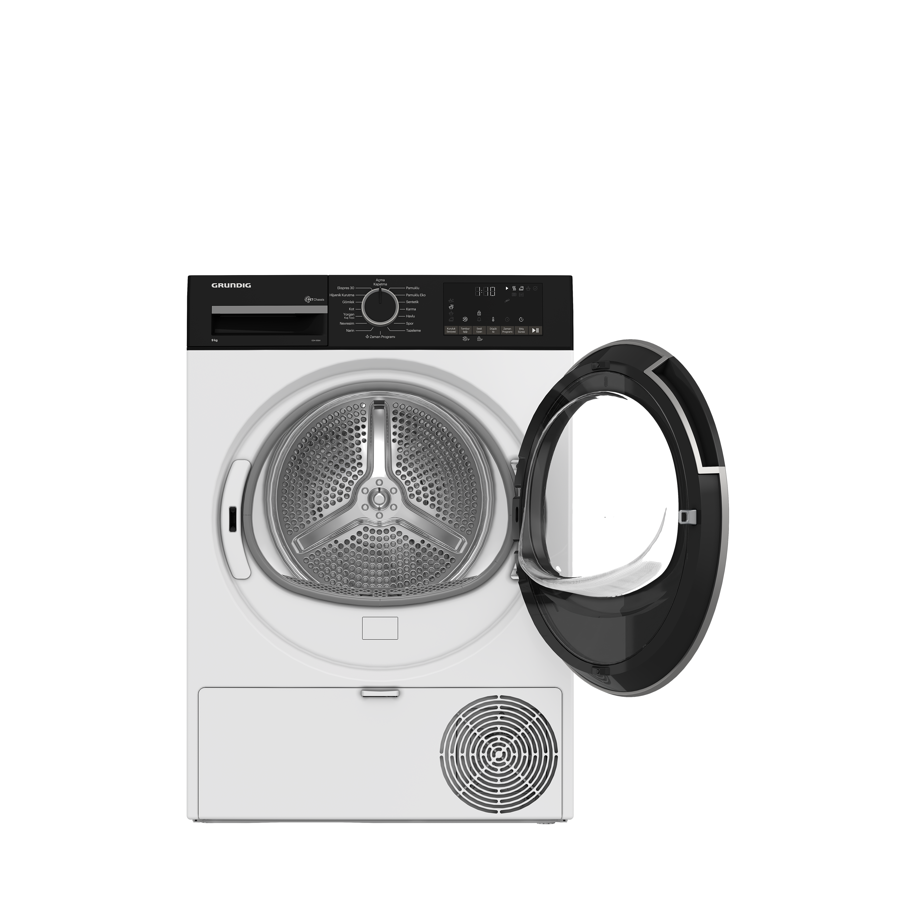 Açık siyah kapılı beyaz Grundig kurutucu. Üstte kontrol paneli; siyah arka plan.