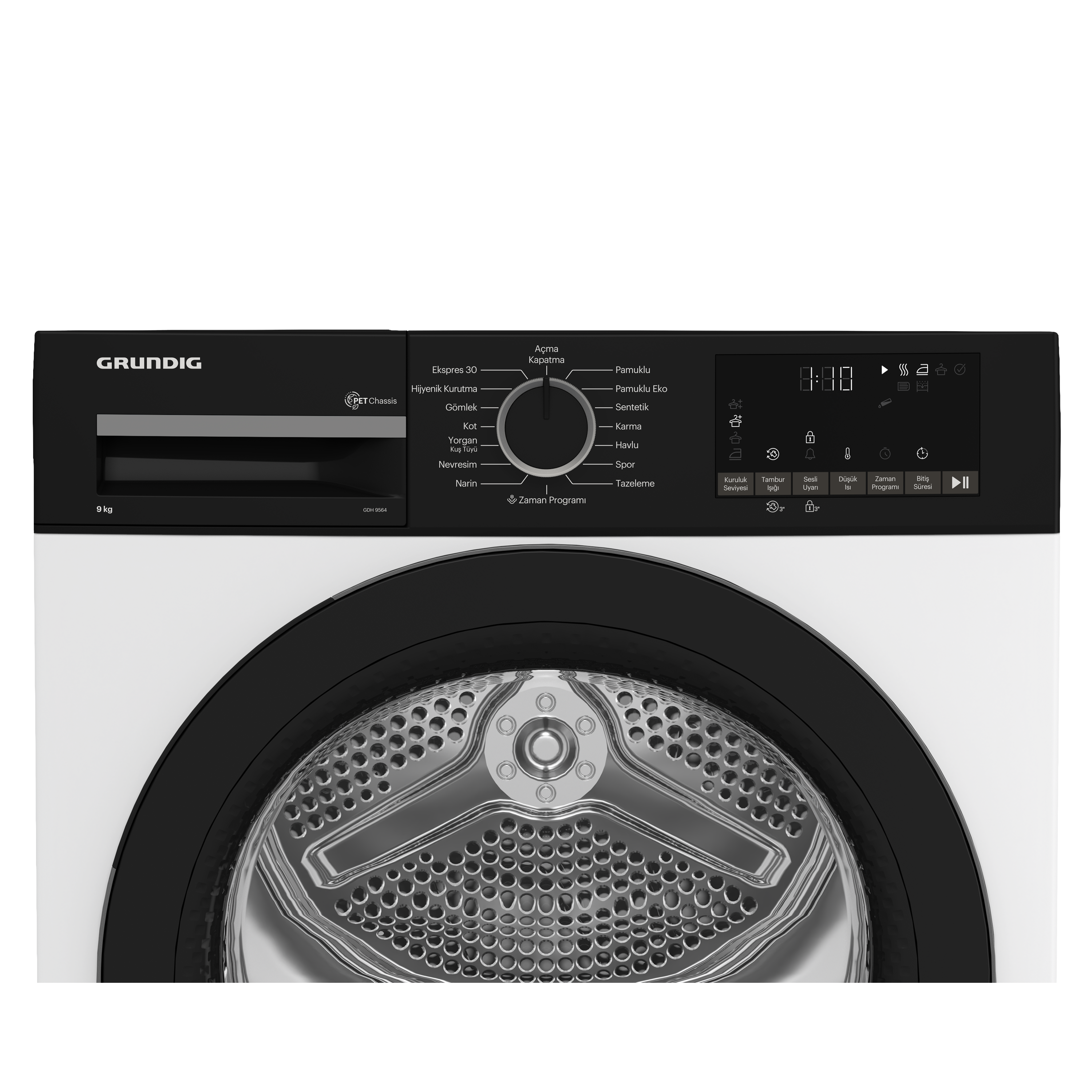 Bir Grundig kurutucu kontrol panelinin yakın çekimi. Birçok düğme ve bir ekran ile siyahtır.