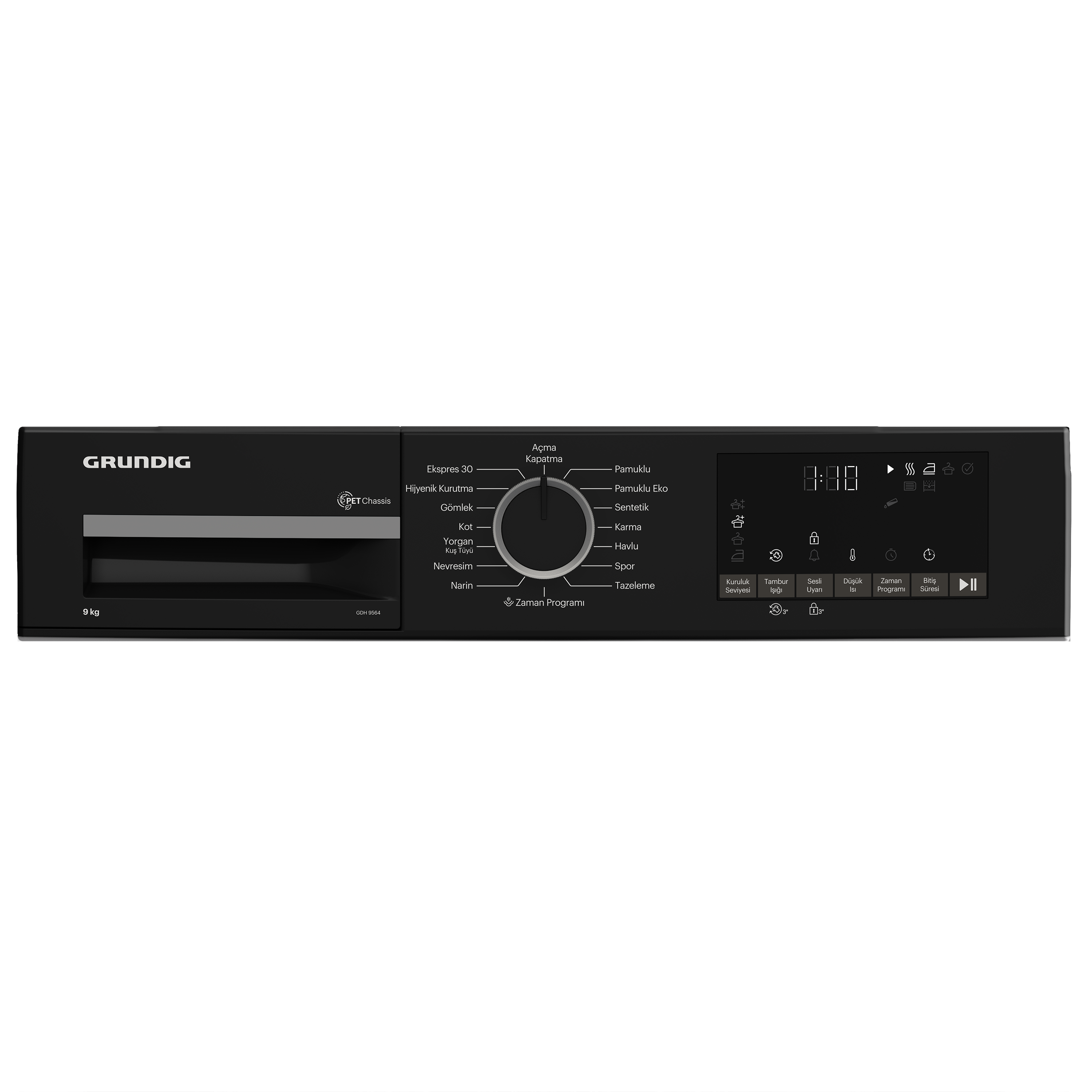 Siyah arka plan üzerinde bir Grundig kurutucu kontrol paneli. Çoklu düğmeler ve bir kadran ile ekran.