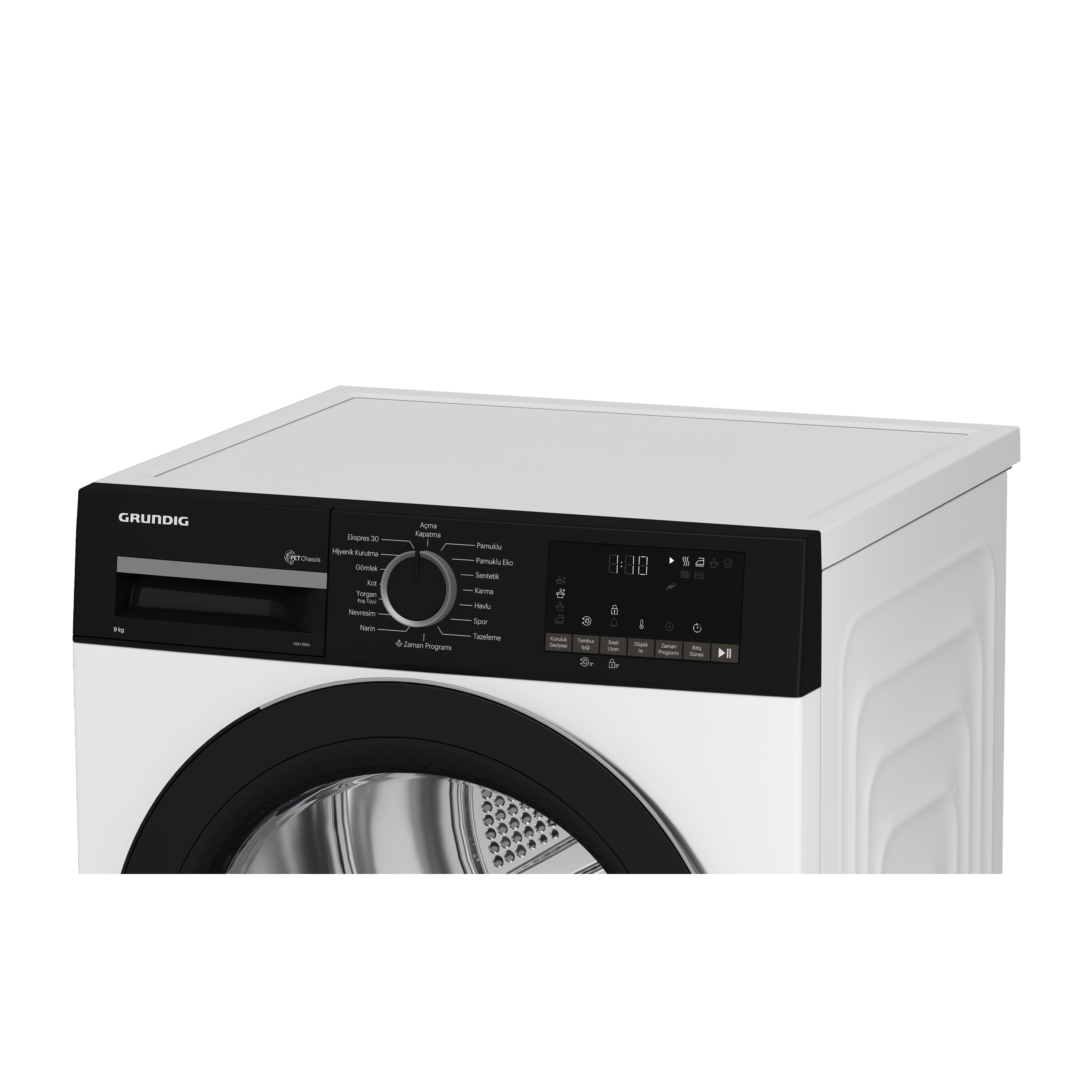 Bir Grundig kurutucusunun kontrol panelinin yakın çekimi. Kurutucu beyaz; siyah kontrol paneli.