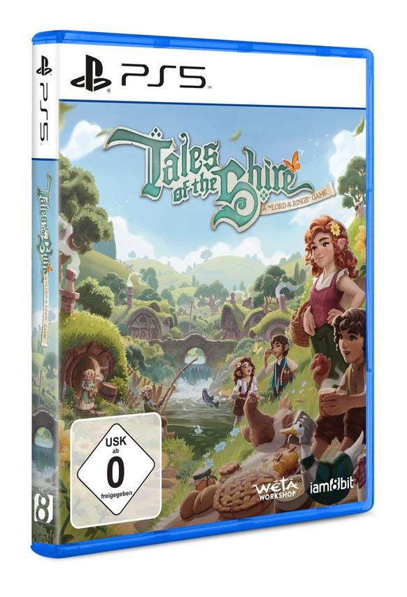 PS5-Videospielhülle: "Tales of the Shire", mit Charakteren und Hintergrund.