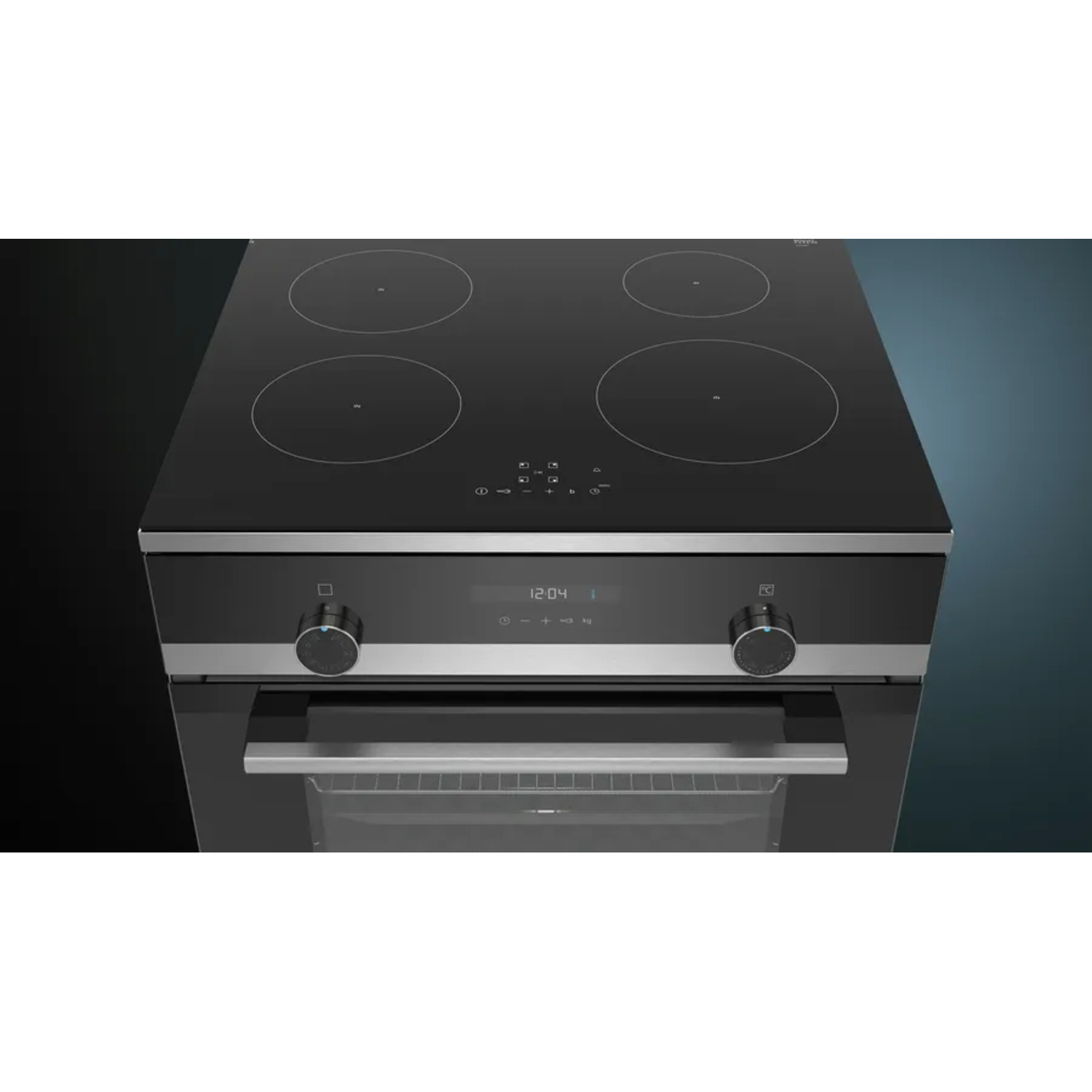 A black oven with four circular cooking zones on top, a digital display, and a front door with a handle.