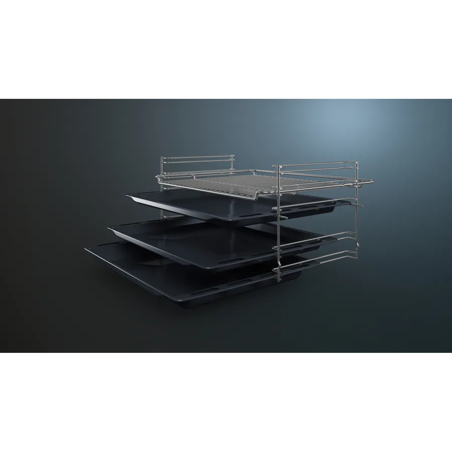 A metal rack with three black trays, inside the oven against a dark background.