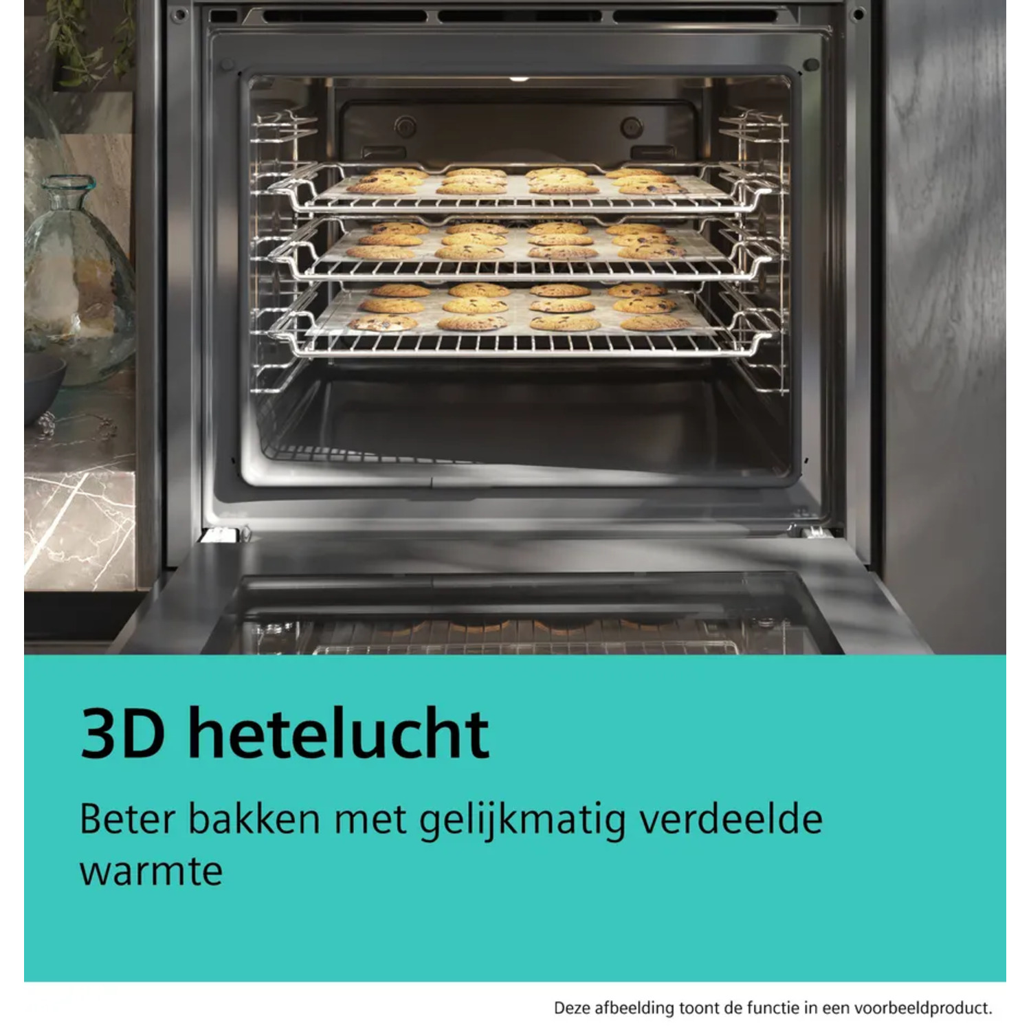 An oven with cookies baking on trays inside. Text says 3D hot air, and better baking with evenly distributed heat.