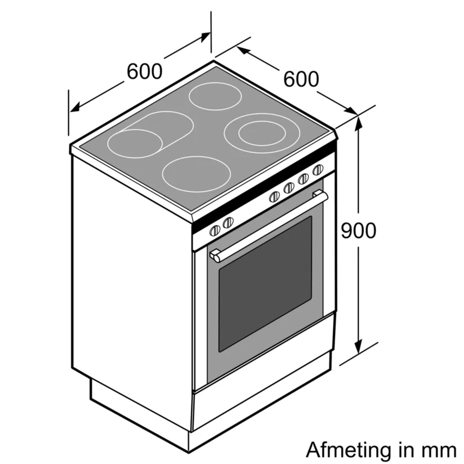 A white oven with four cooking zones on top. Dimensions are labeled in mm: 600x600x900mm.