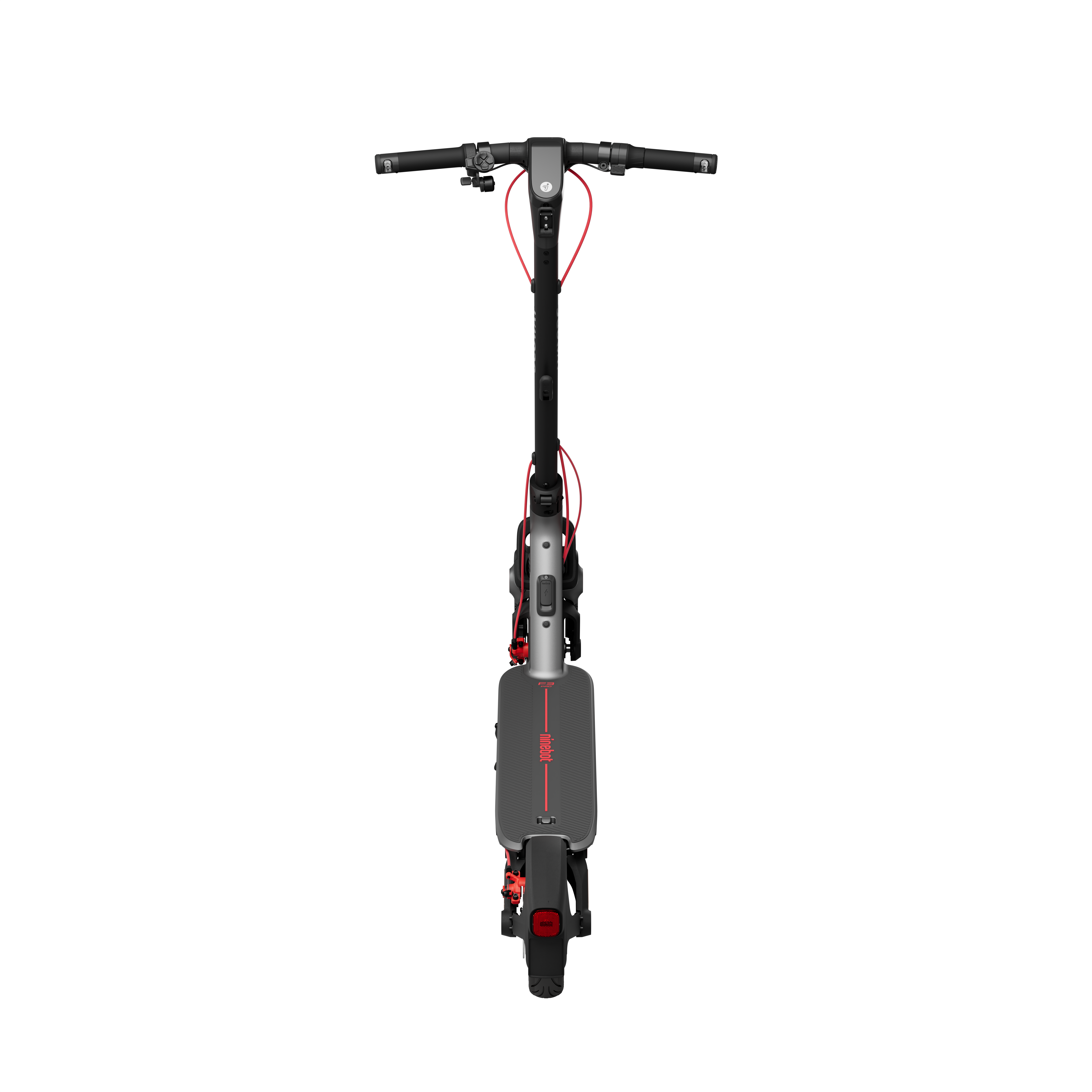 Siyah ve gümüş renkli bir elektrikli scooter'ın yukarıdan görünümü. Kırmızı vurgular ve siyah zemin.