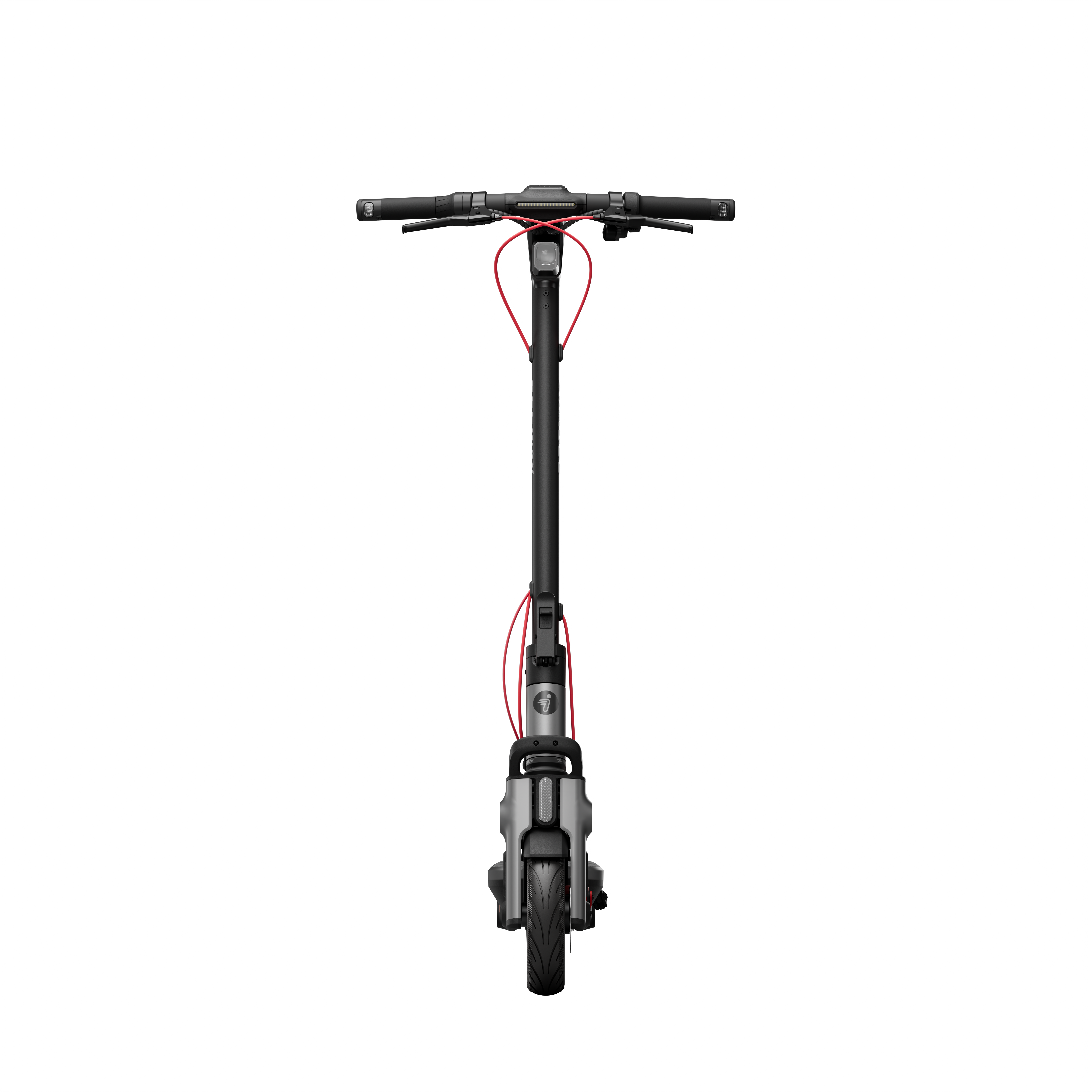 Siyah ve gümüş renkli bir elektrikli scooter'ın yukarıdan görünümü. Kırmızı vurgular ve siyah zemin.