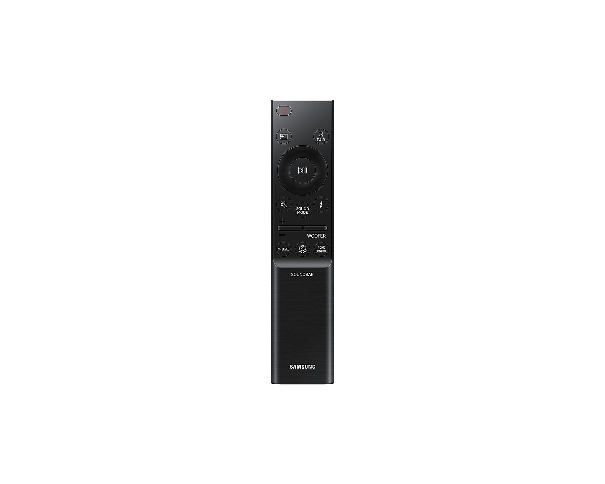 Fekete soundbar távirányító. Van rajta bekapcsoló, hangmód, hangerő és mélynyomó gomb.
