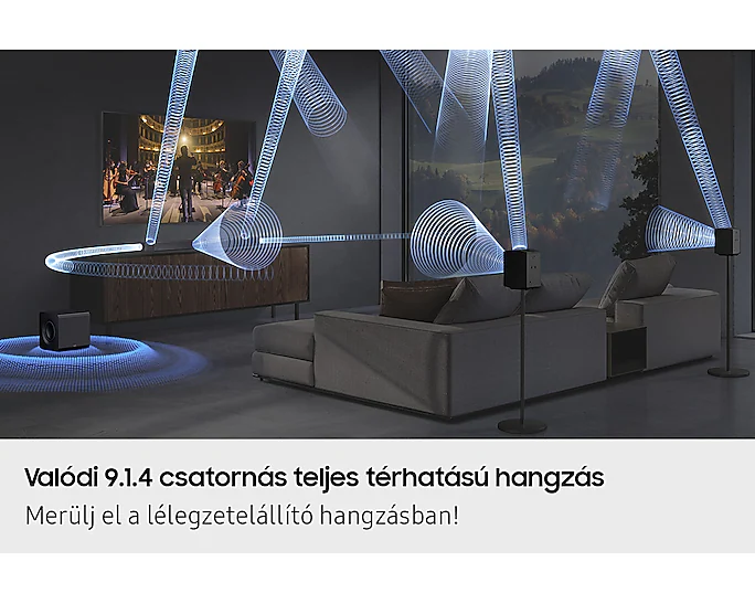 Egy nappali, amely hanghullámokat mutat, amelyek egy TV-ből és hangszórókból áradnak, teljes surround hangzást reprezentálva.