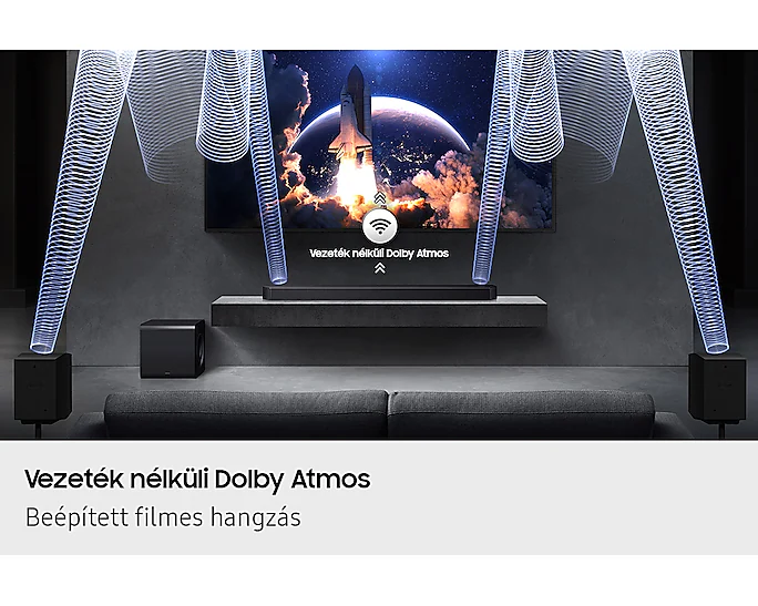 Szobabeállítás TV-vel és soundbarral. Hanghullámok vizualizálva, vezeték nélküli Dolby Atmos-t jelezve.