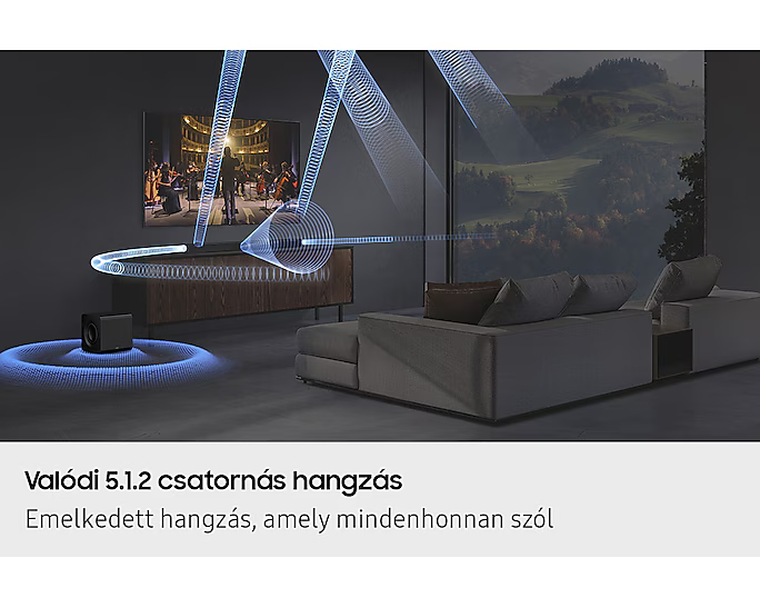 Egy illusztráció hanghullámokat mutat, amelyek egy soundbarból és mélynyomóból áradnak ki a nappaliban.